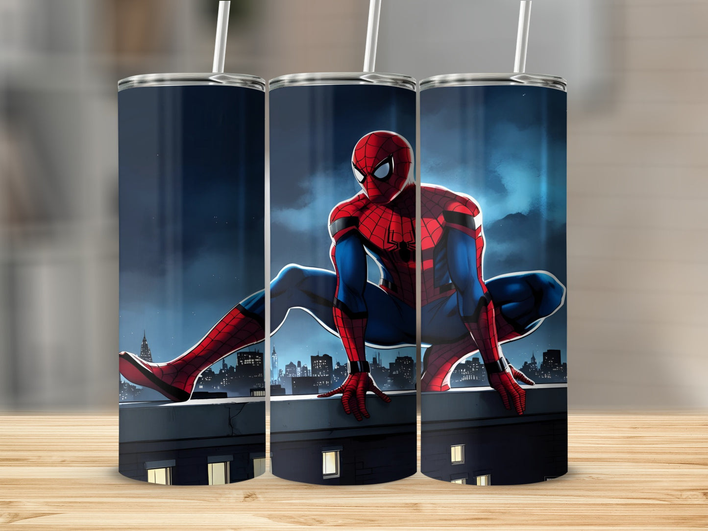 Spiderman crouches on a rooftop overlooking a city skyline.