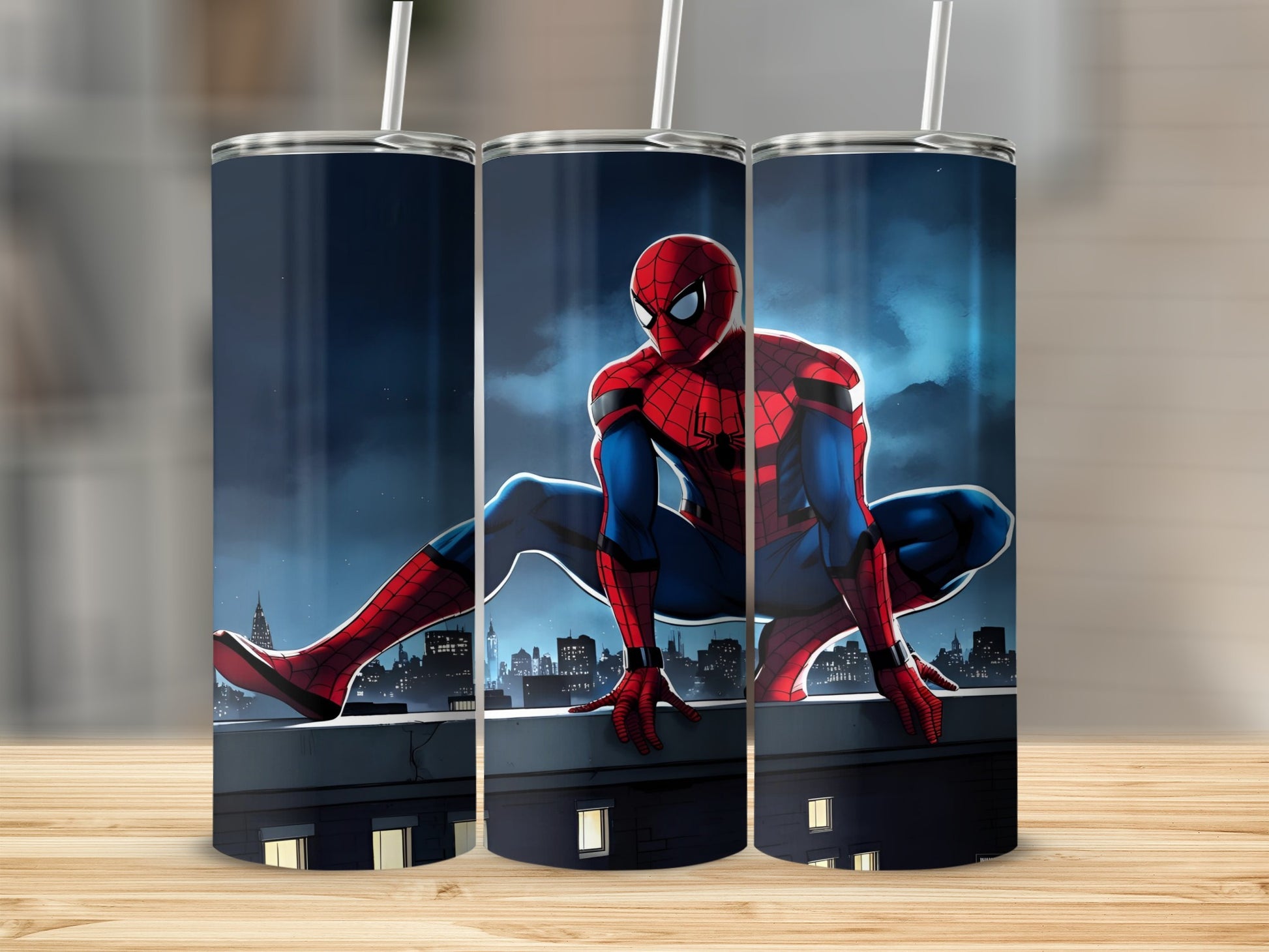 Spiderman crouches on a rooftop overlooking a city skyline.