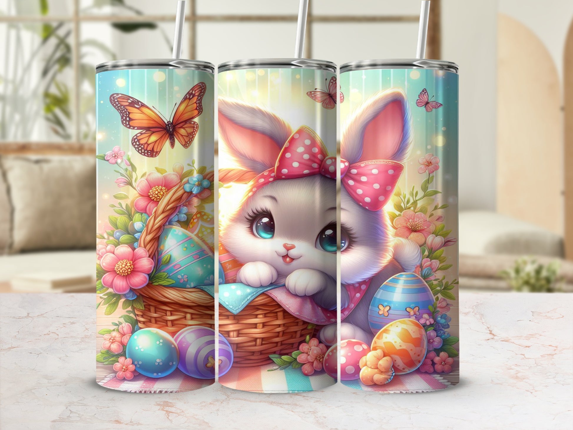 Easter bunny in basket with colorful eggs and butterflies.