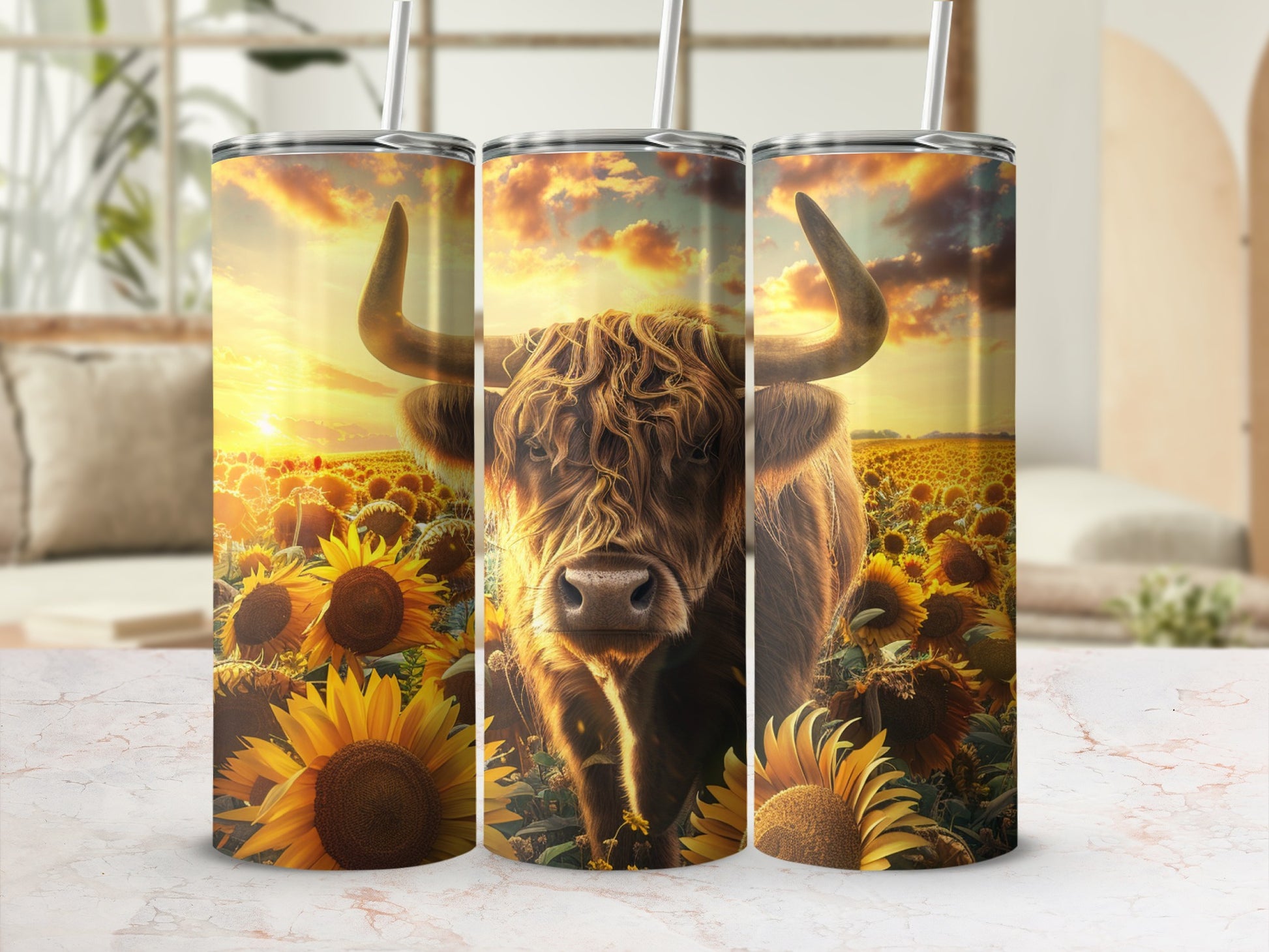 Highland cow in a sunflower field at sunset, on a tumbler.