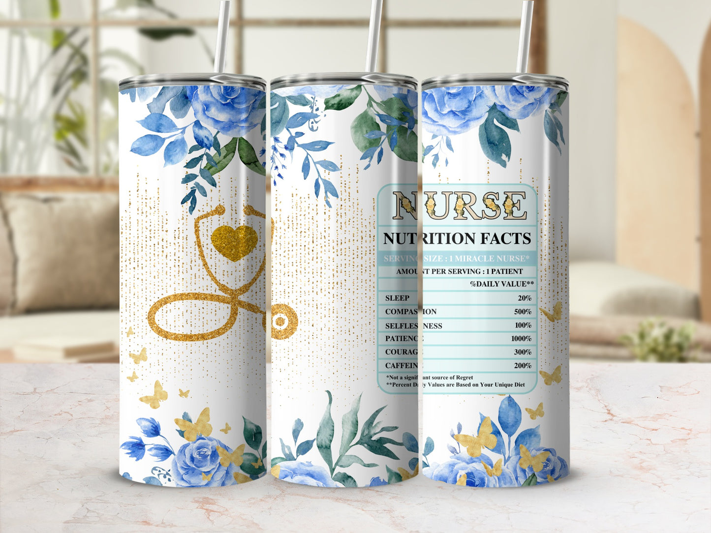 Nurse-themed tumbler with floral design and nutrition facts label.