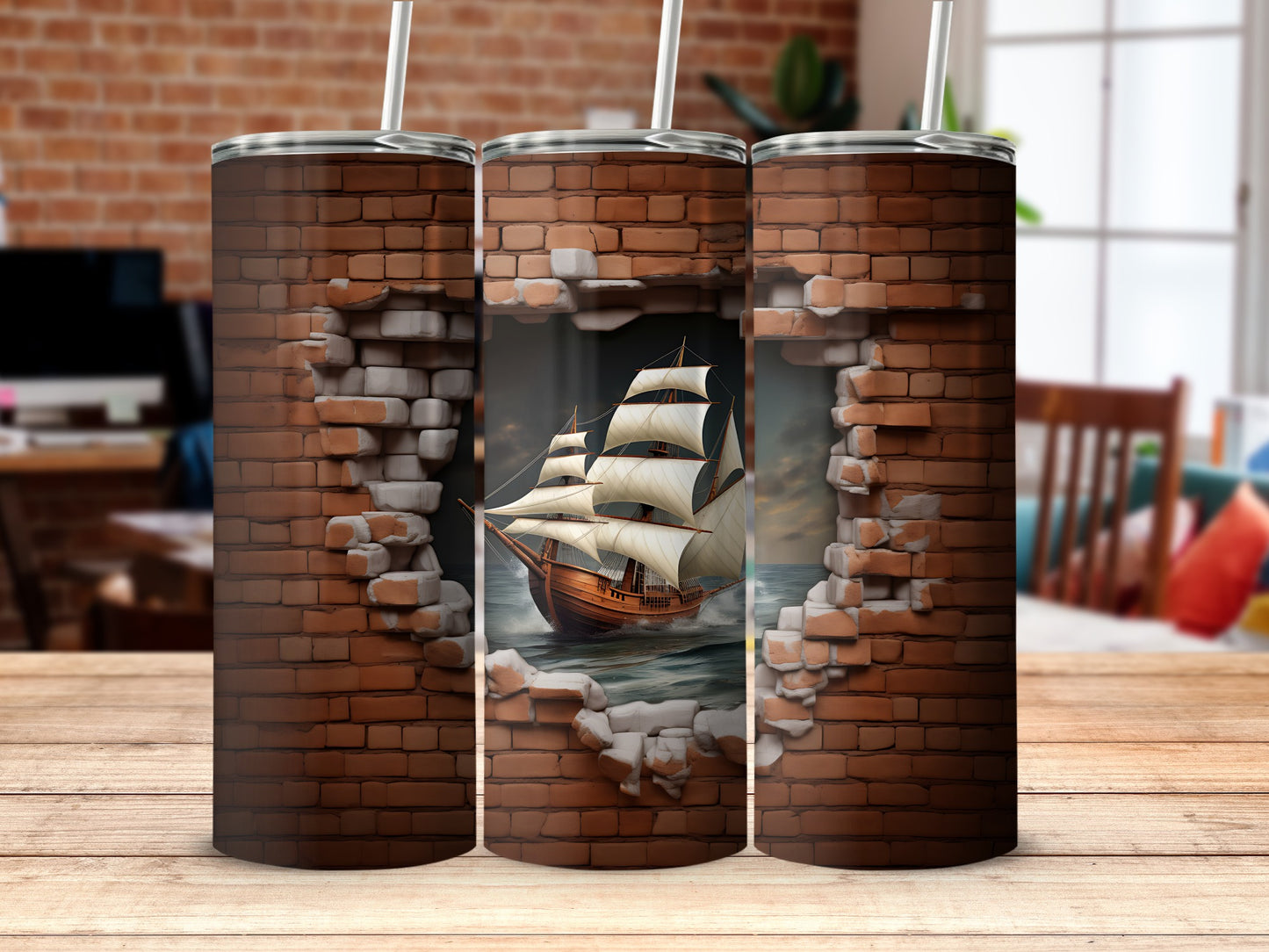 Vintage Ship Breaking Through Brick Wall Tumbler