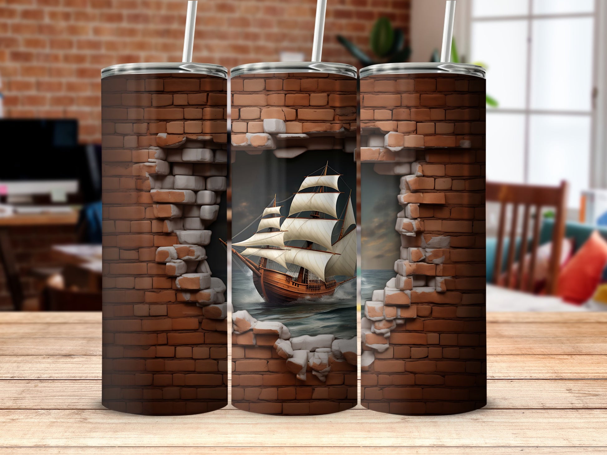Vintage Ship Breaking Through Brick Wall Tumbler