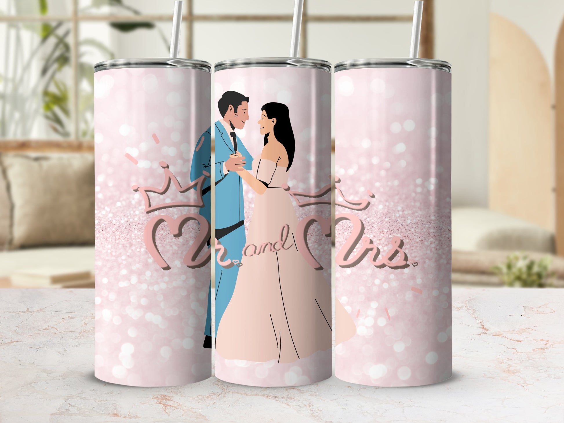 Wedding couple silhouette on pink glitter background with "Mr and Mrs" text.