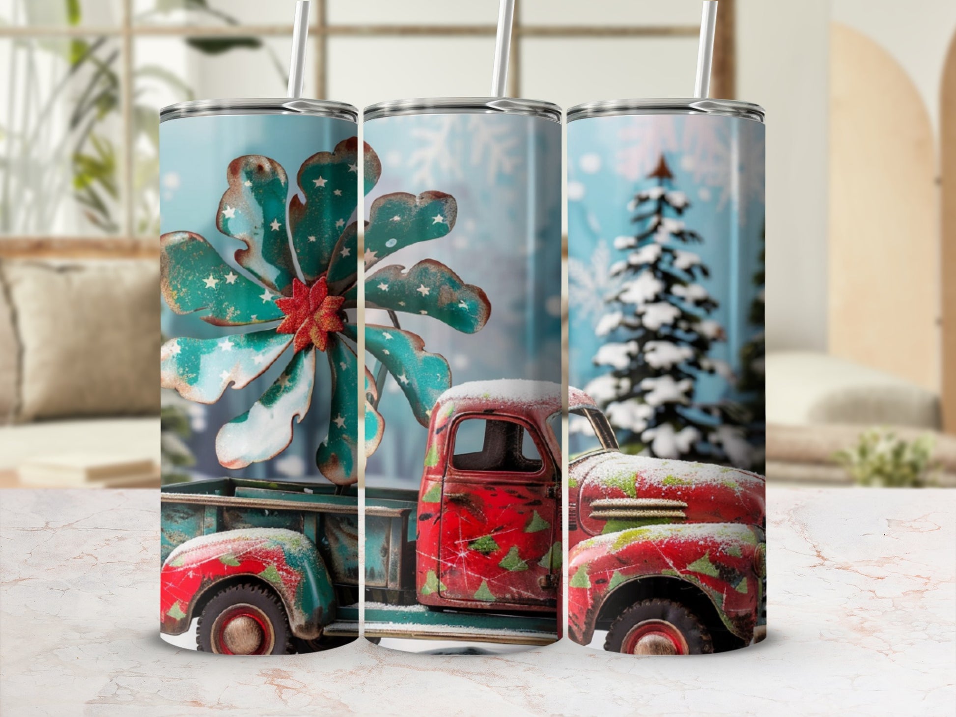 Tumbling tumbler with vintage red truck and snowy Christmas tree design.