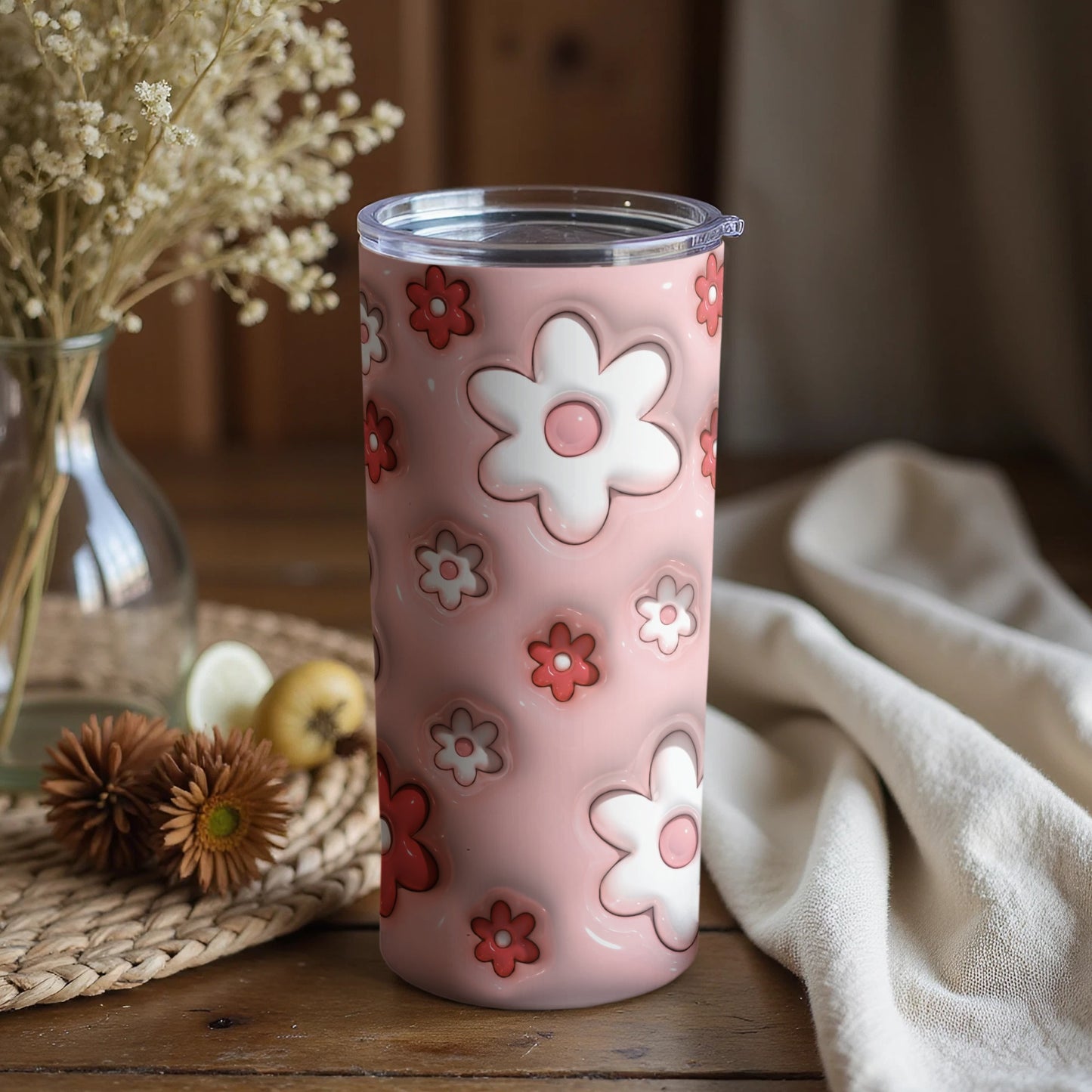 Pink Flower Patterned Tumbler with Lid 20oz Cup