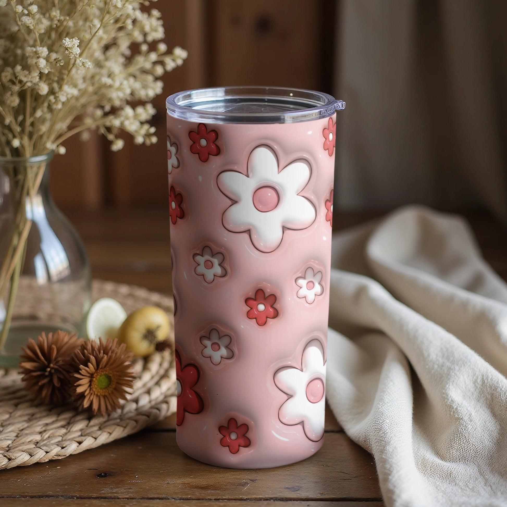Pink Flower Patterned Tumbler with Lid 20oz Cup