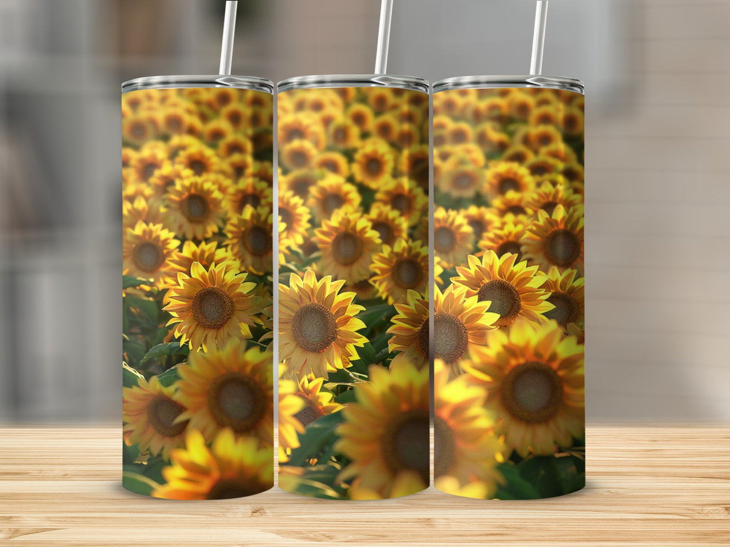 Three tall tumblers featuring a close-up of sunflowers in bright sunlight.
