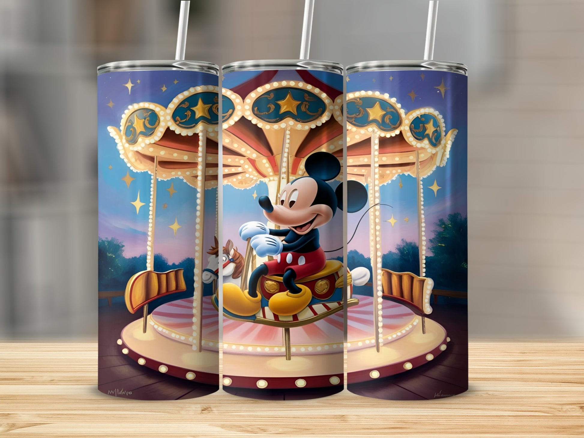 Mickey Mouse on a carousel horse with twinkling lights and stars.