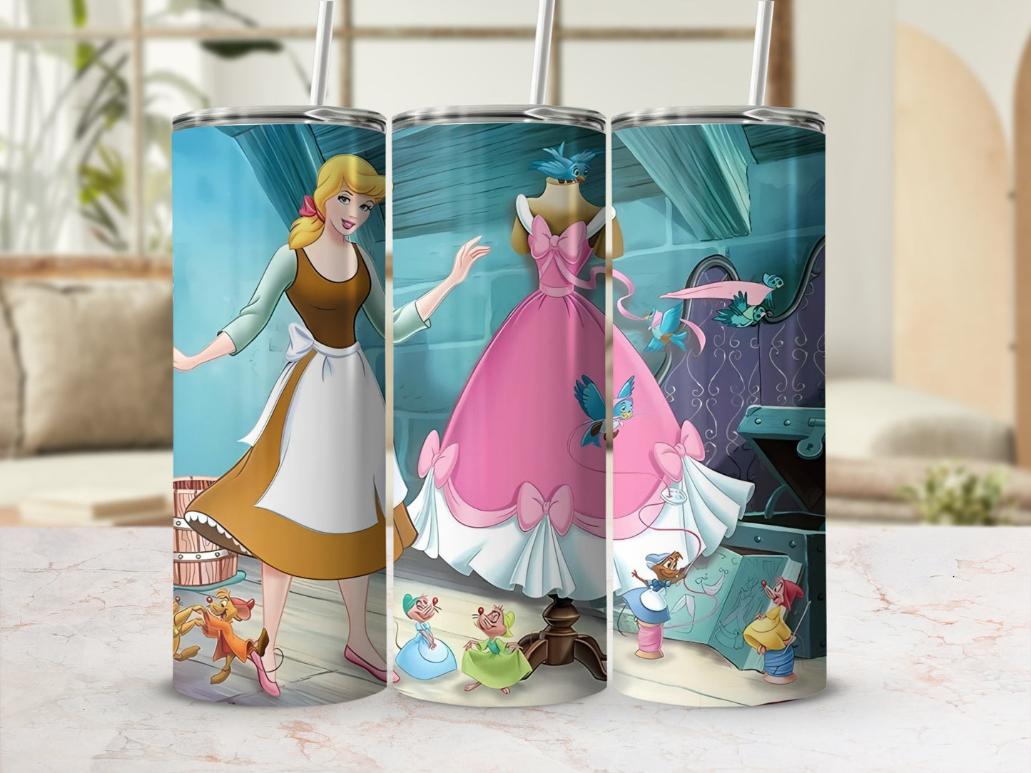 Cinderella Inspired Tumbler with Dress and Characters Design