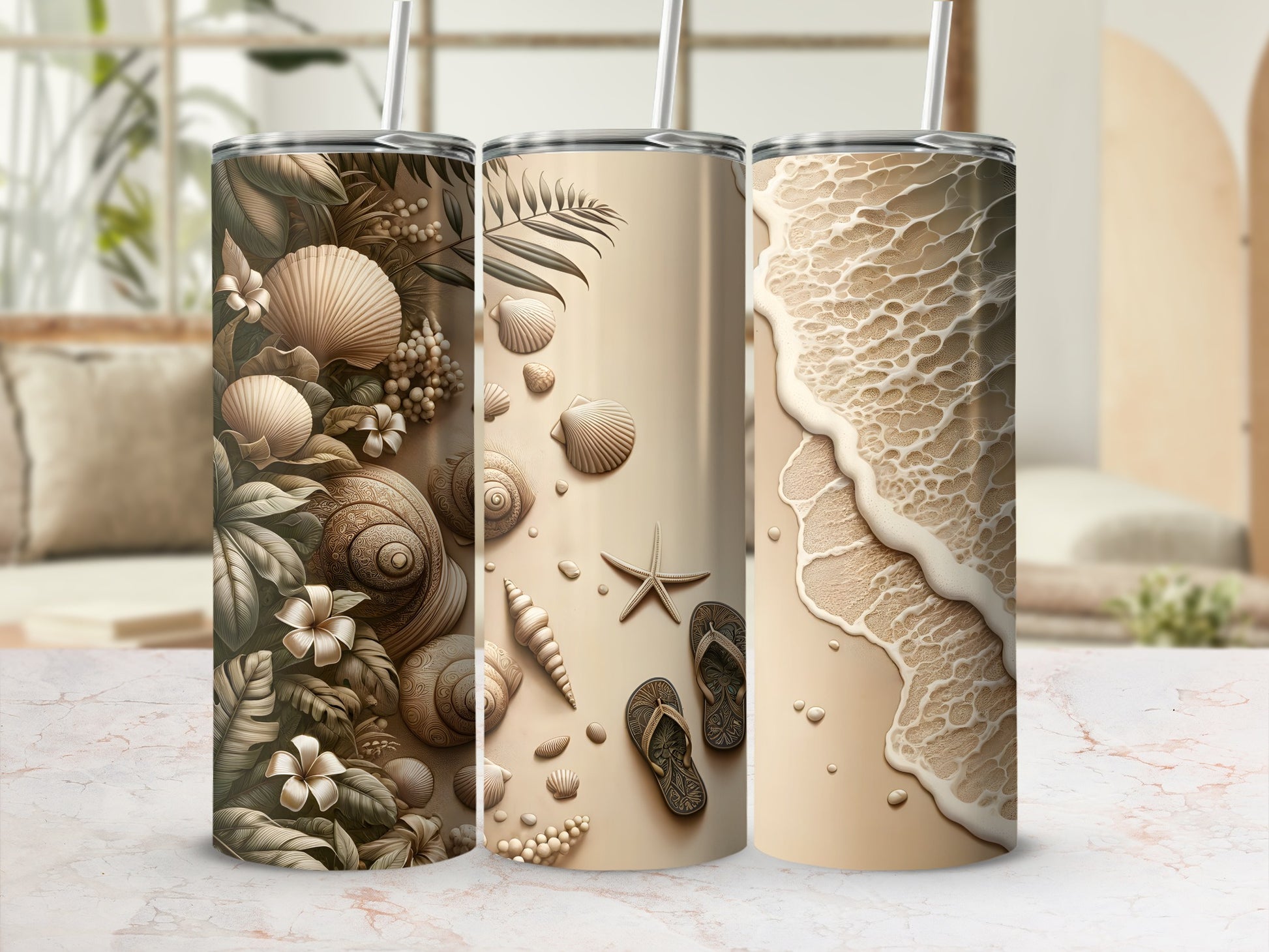 Three tumblers with tropical seashell and beach designs.