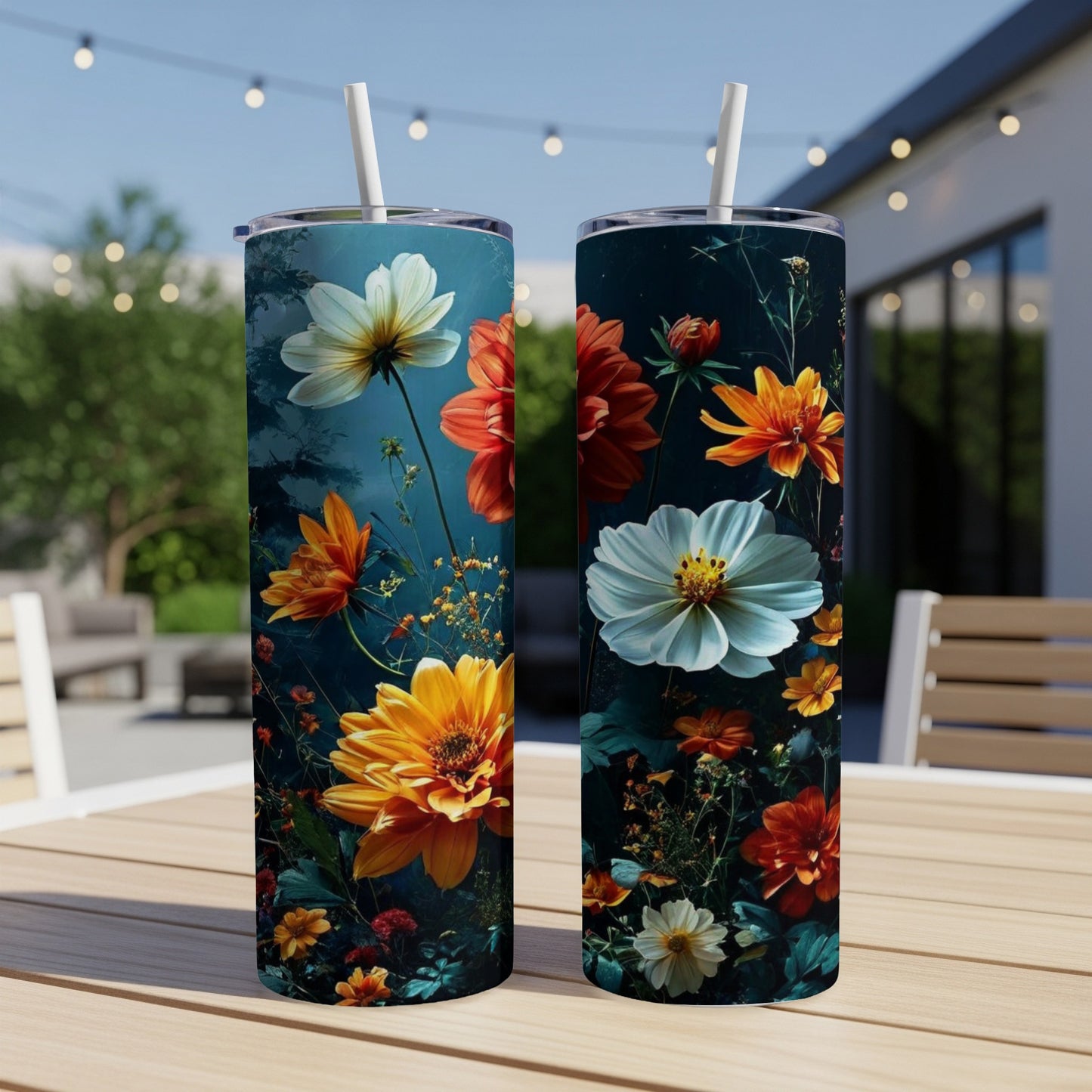 Two tumblers with vibrant floral designs sit on a wooden table.