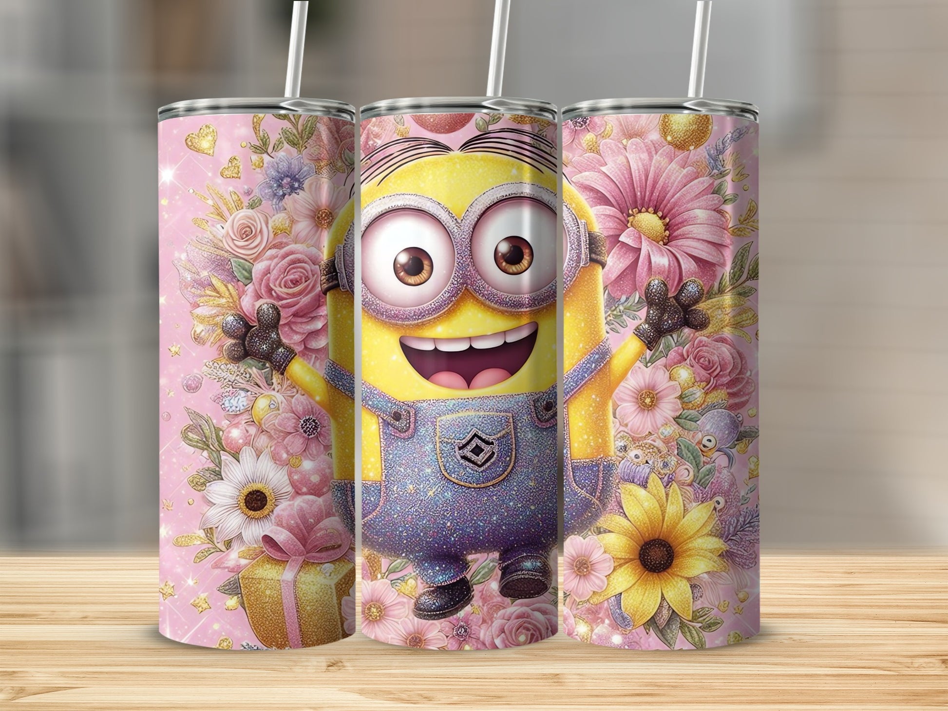 Cute Minion Pink Flowers Glitter Tumbler product