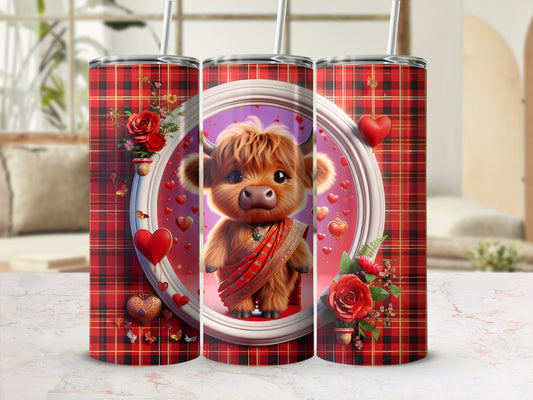 Tartan plaid tumbler with a cute highland cow illustration wearing a sarong.