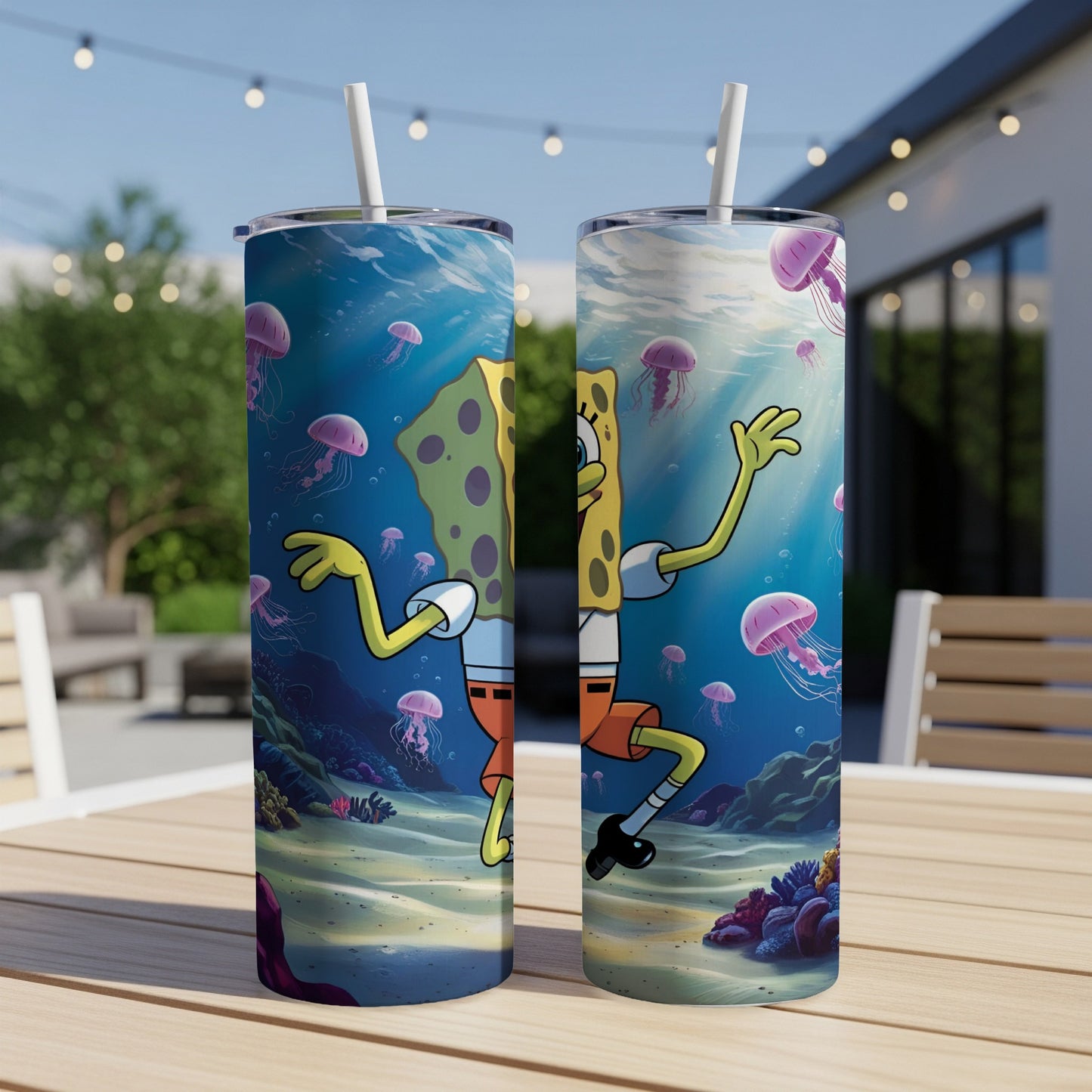 SpongeBob SquarePants dancing underwater with jellyfish and coral.