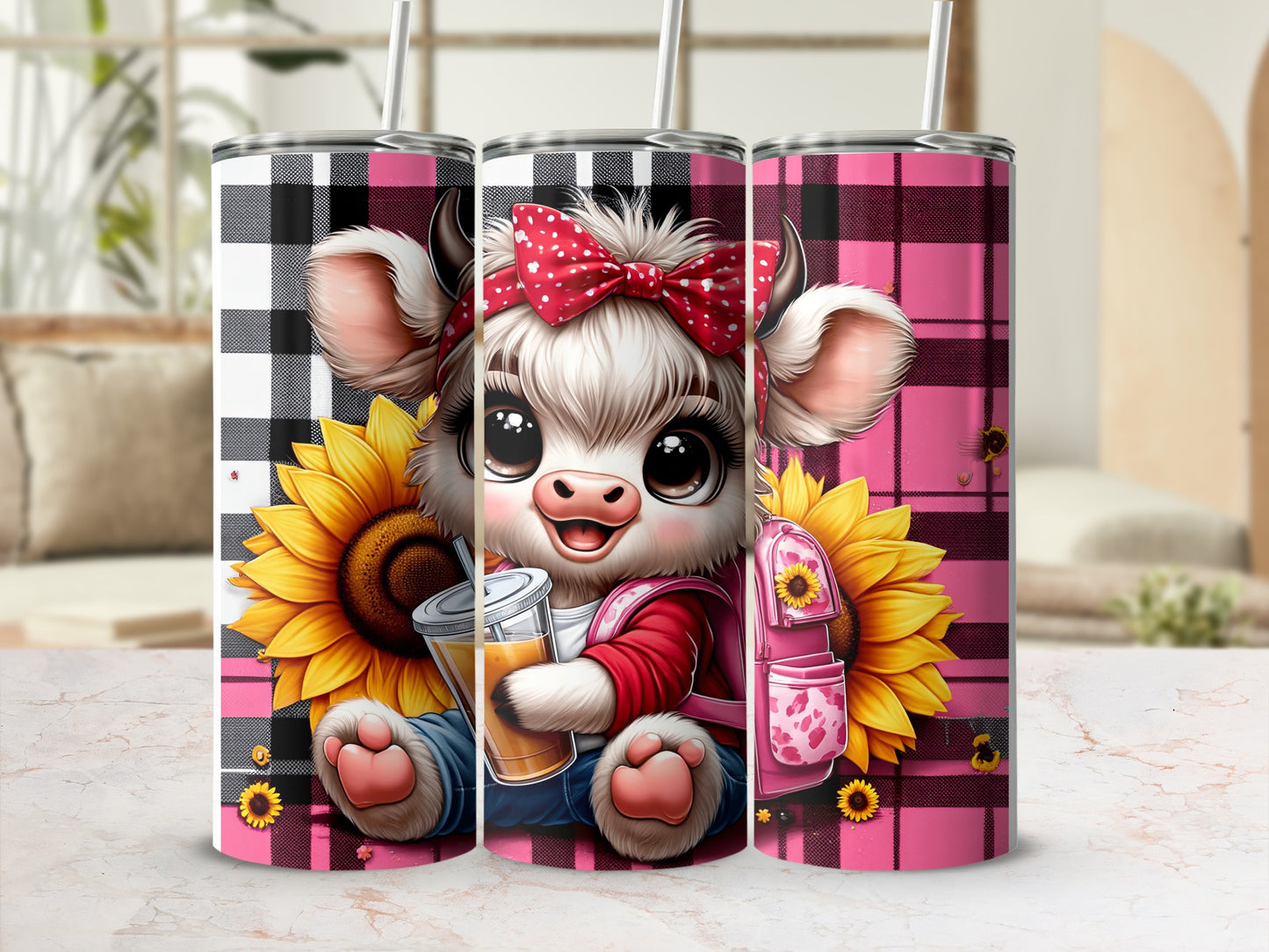 Cute cow with sunflower and red bow holding a drink, on a pink plaid tumbler.