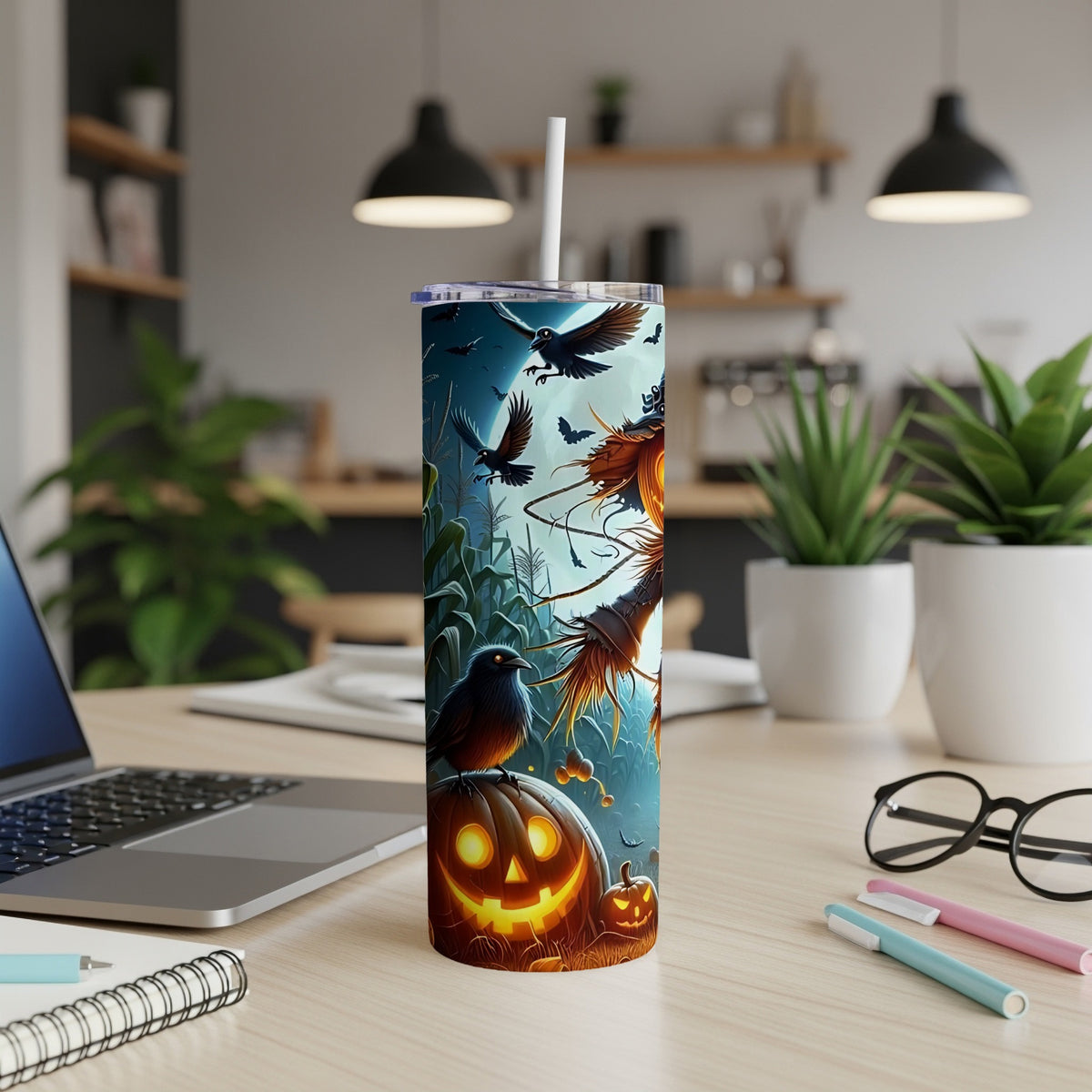 Halloween tumbler with scarecrow, crows, bats, and jack-o'-lantern.