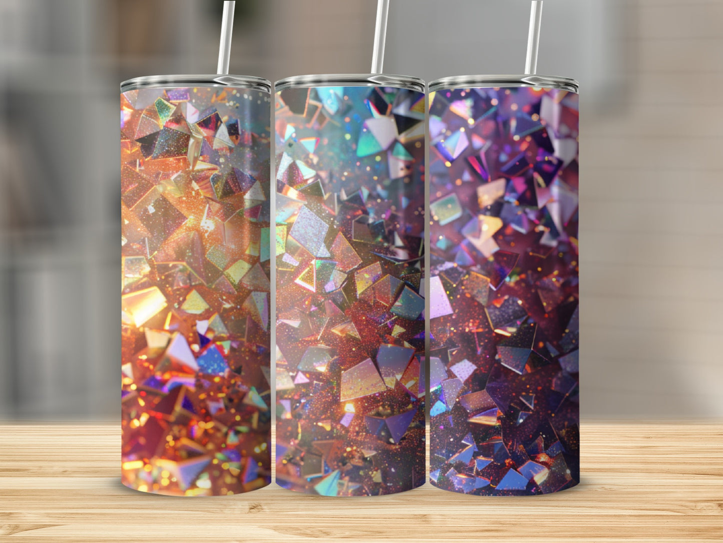 Three glitter tumblers with colorful geometric patterns and straws.