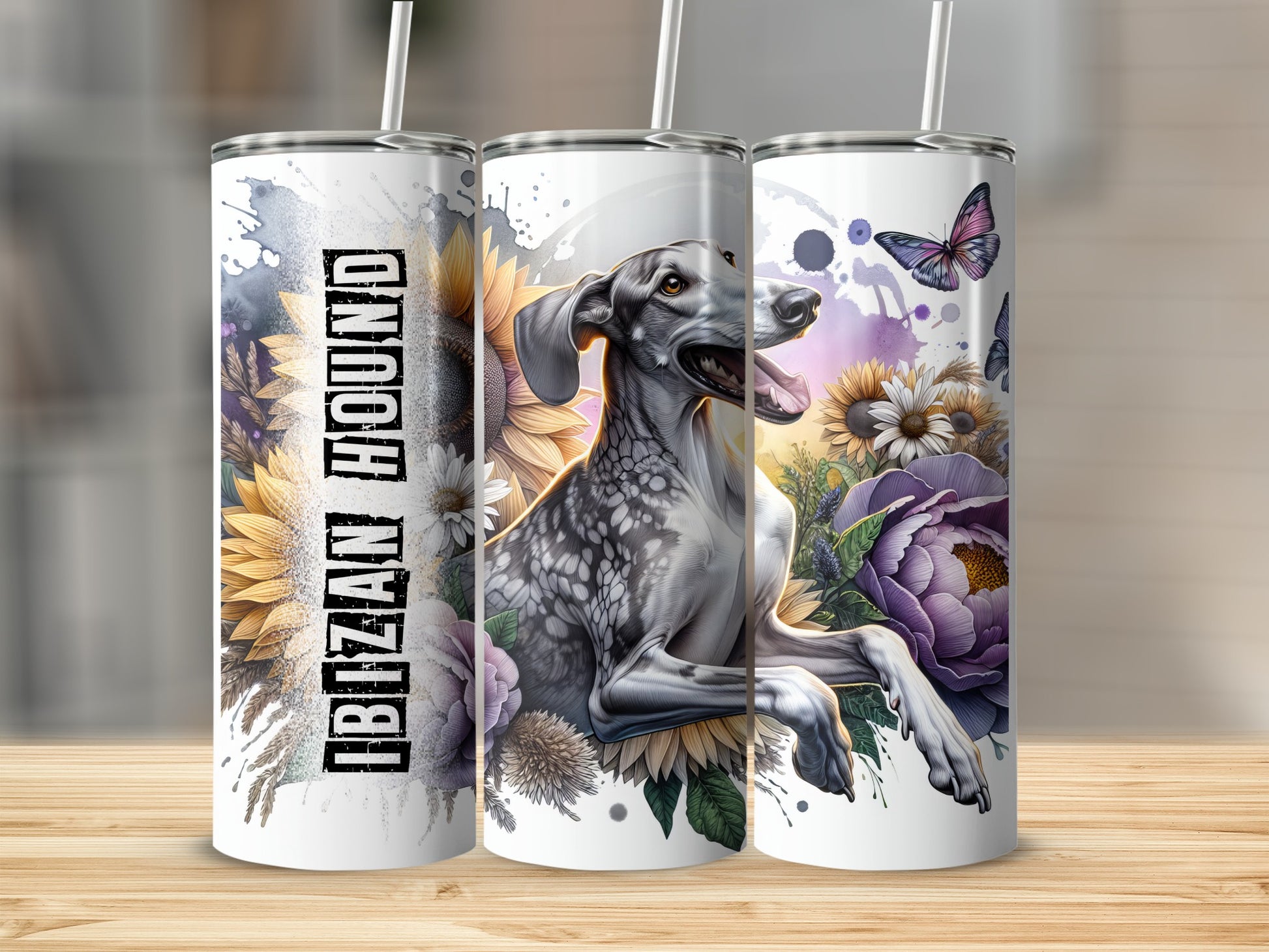 White tumbler with Ibizan Hound and floral design.