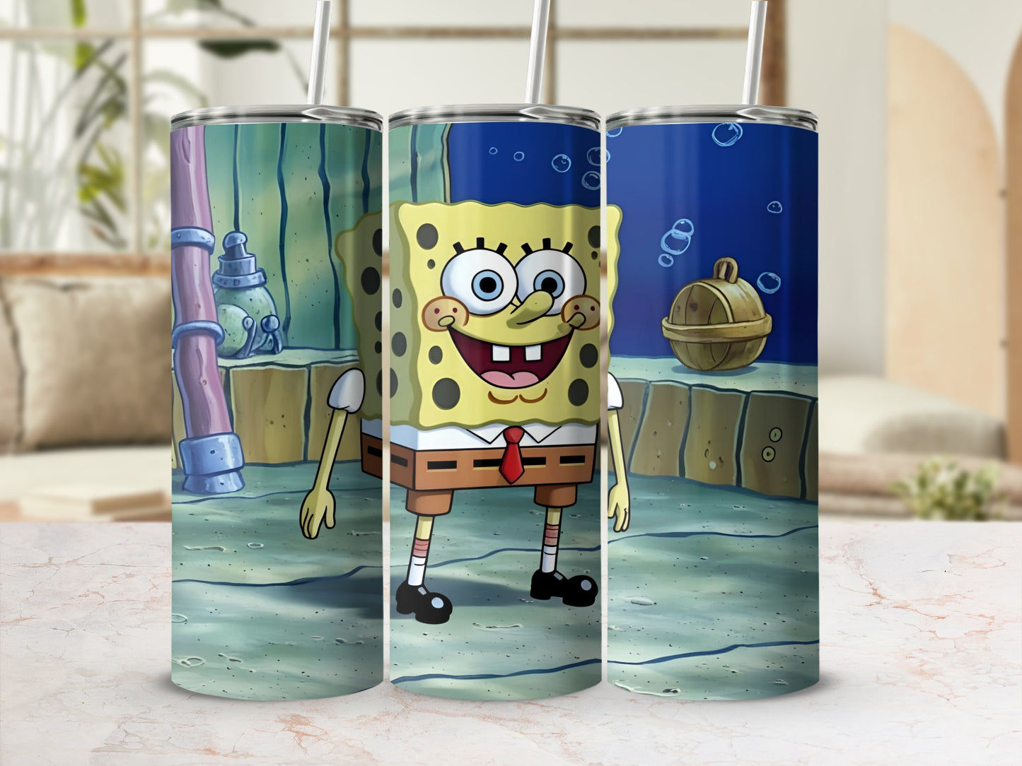 SpongeBob SquarePants standing in Bikini Bottom with bubbles.