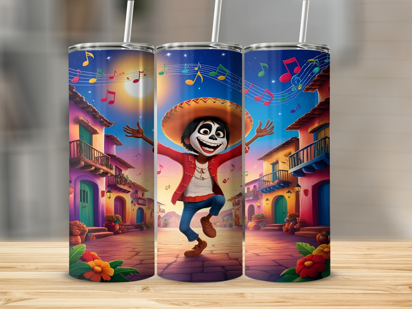 Miguel from Coco dancing in a vibrant, musical town square.