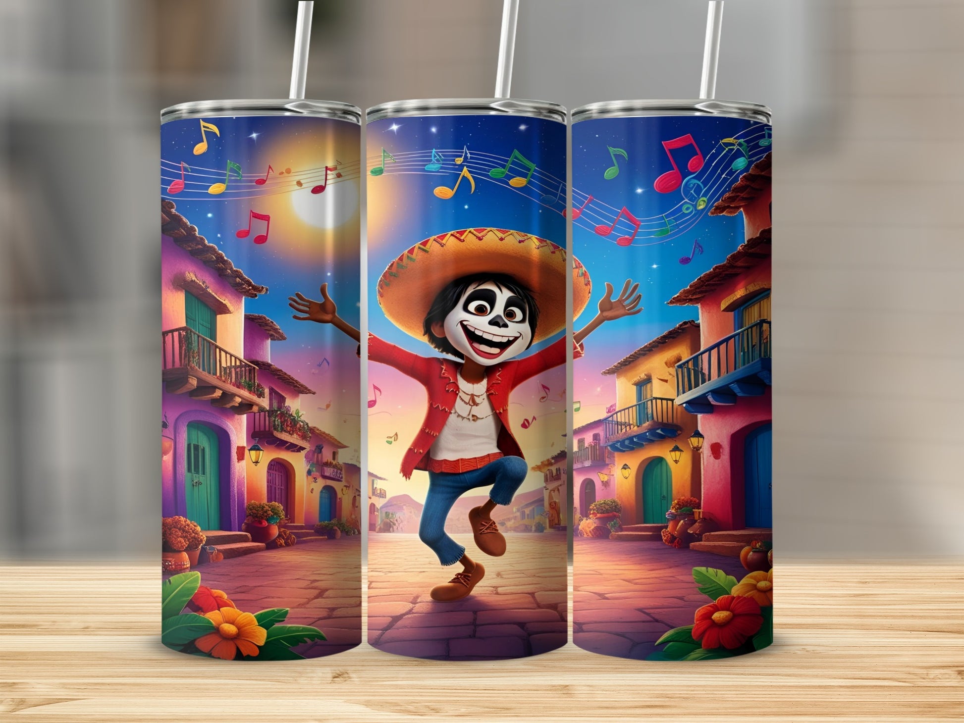 Miguel from Coco dancing in a vibrant, musical town square.