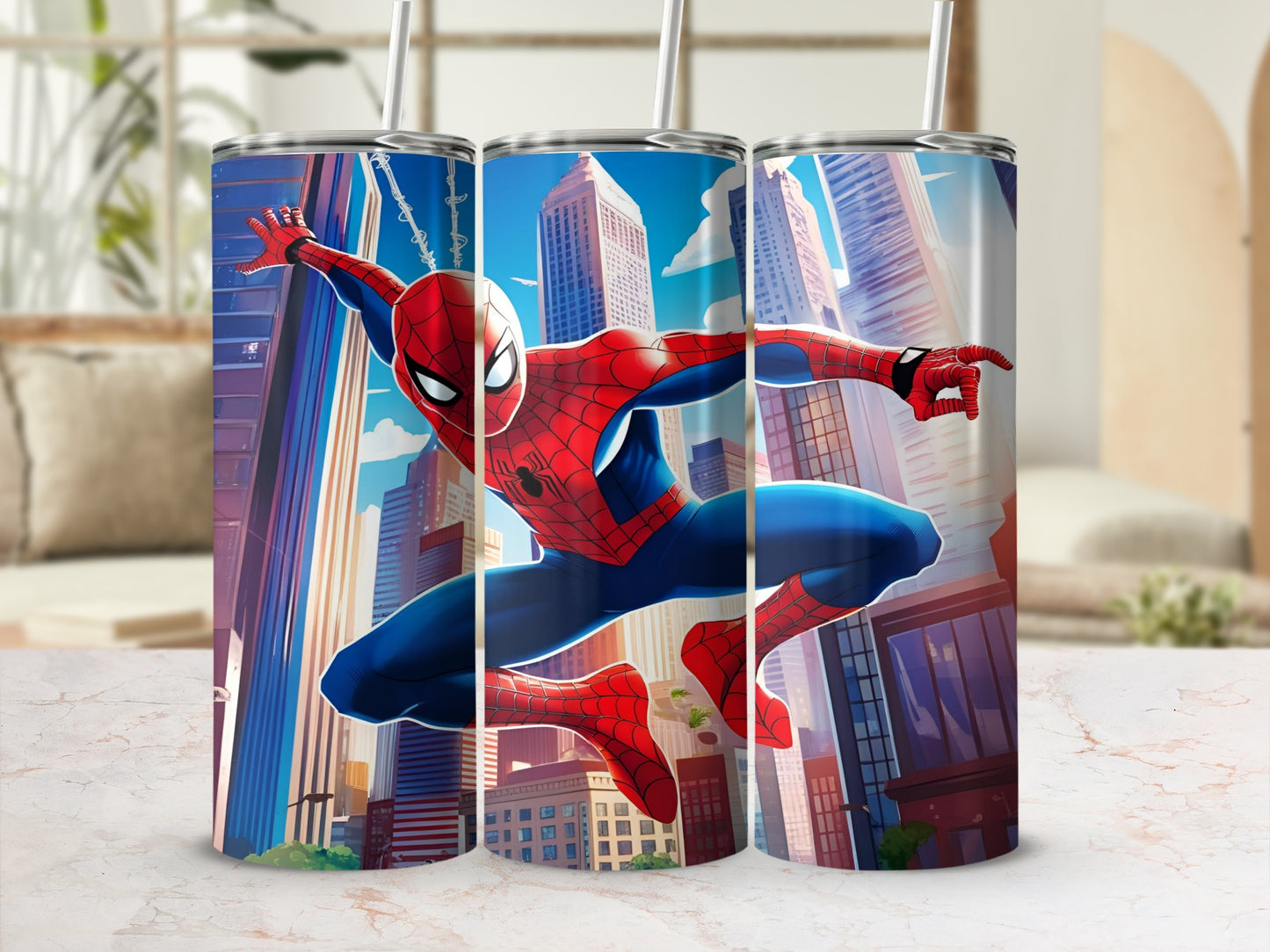 Spiderman leaping in front of a cityscape, digital illustration on three tumblers.