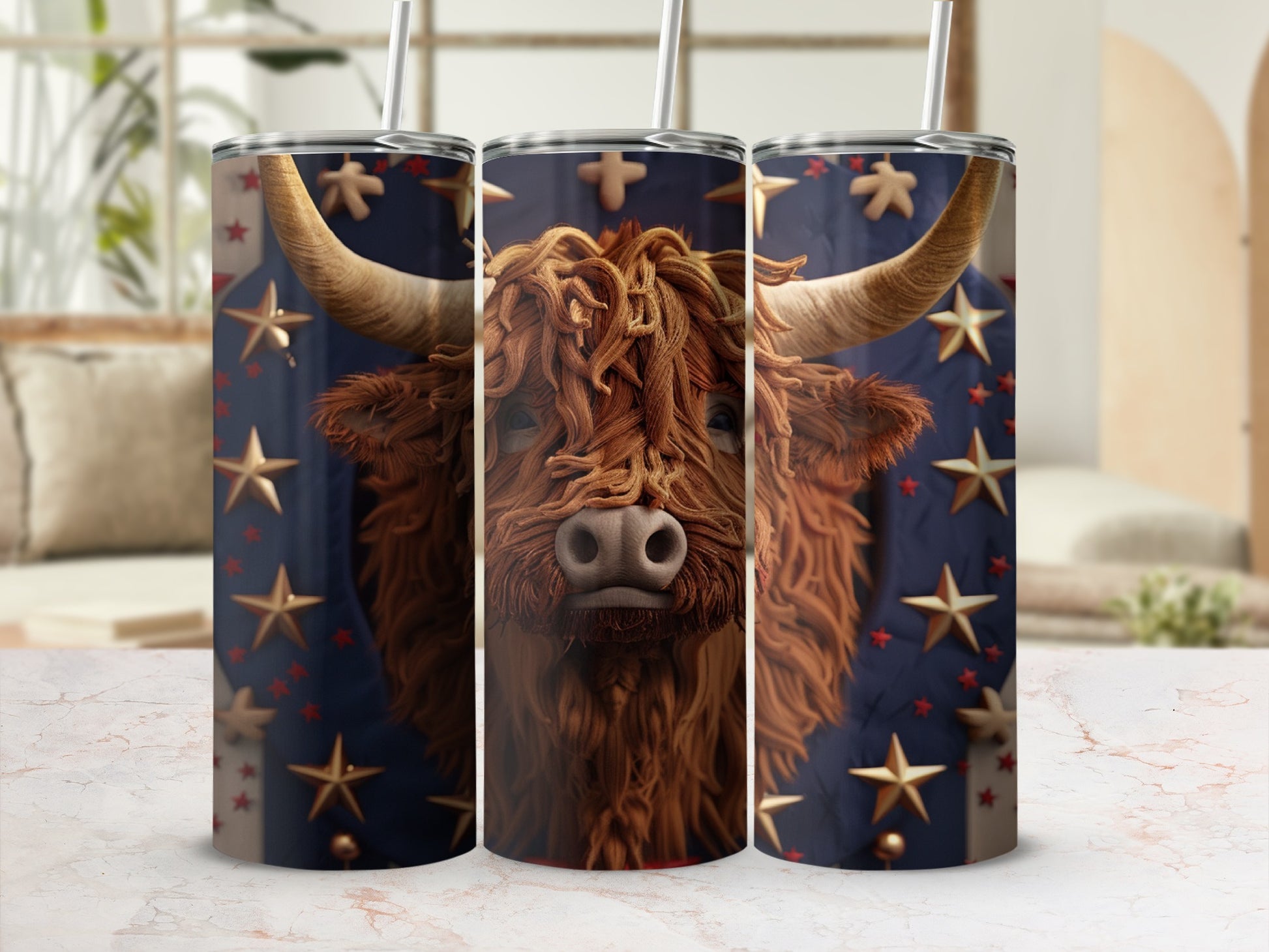Highland cow tumbler with stars pattern.