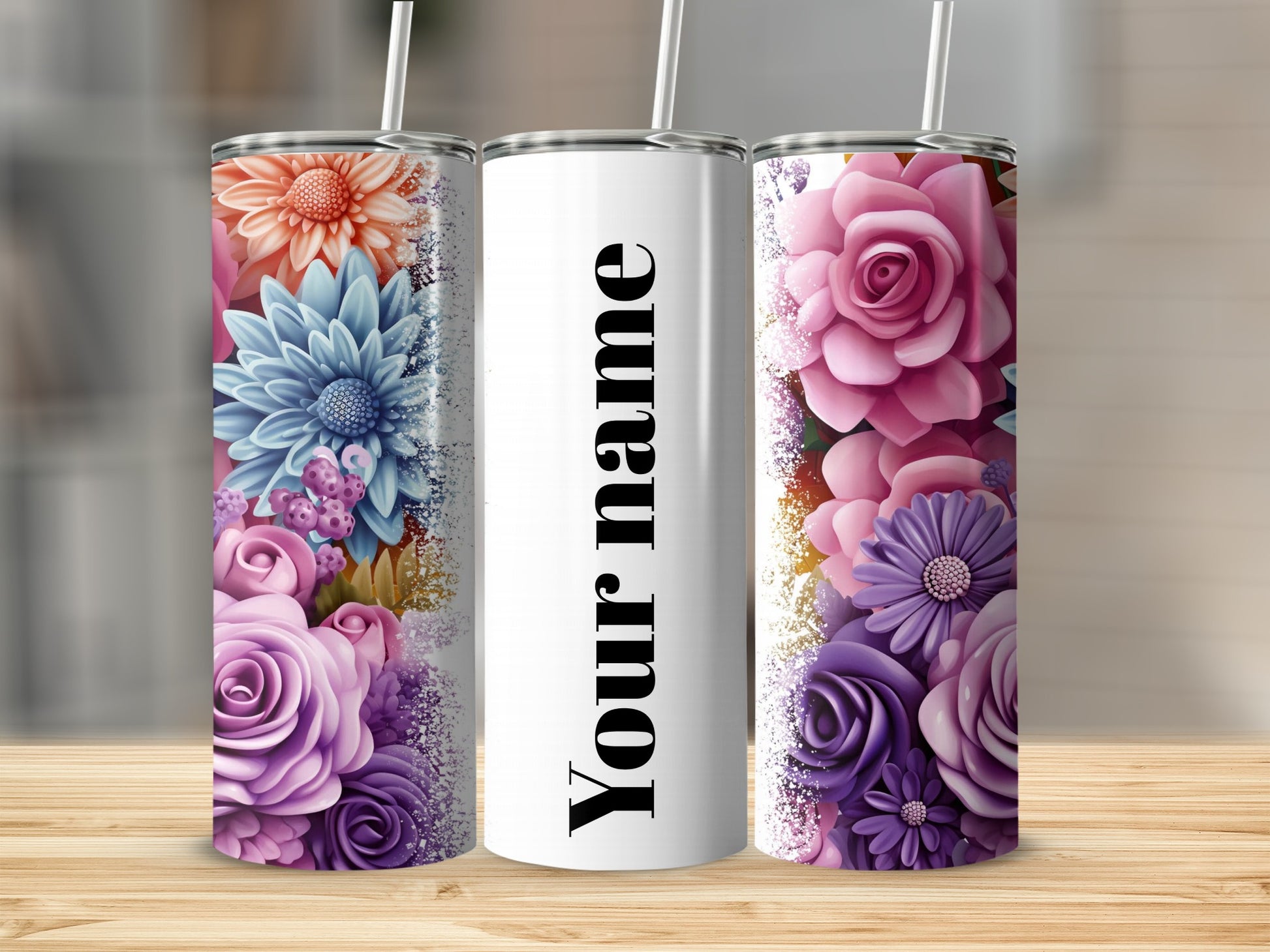 Personalized Floral Insulated Tumbler with Straw