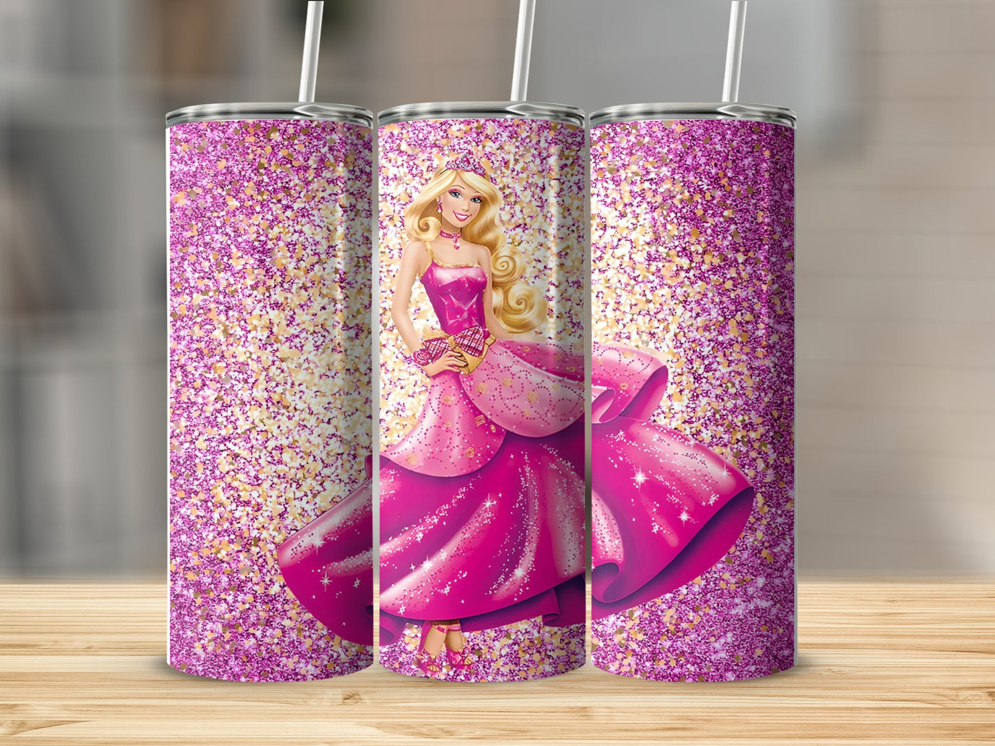 Barbie Doll Pink Gown Gold Glitter Background Tumblers