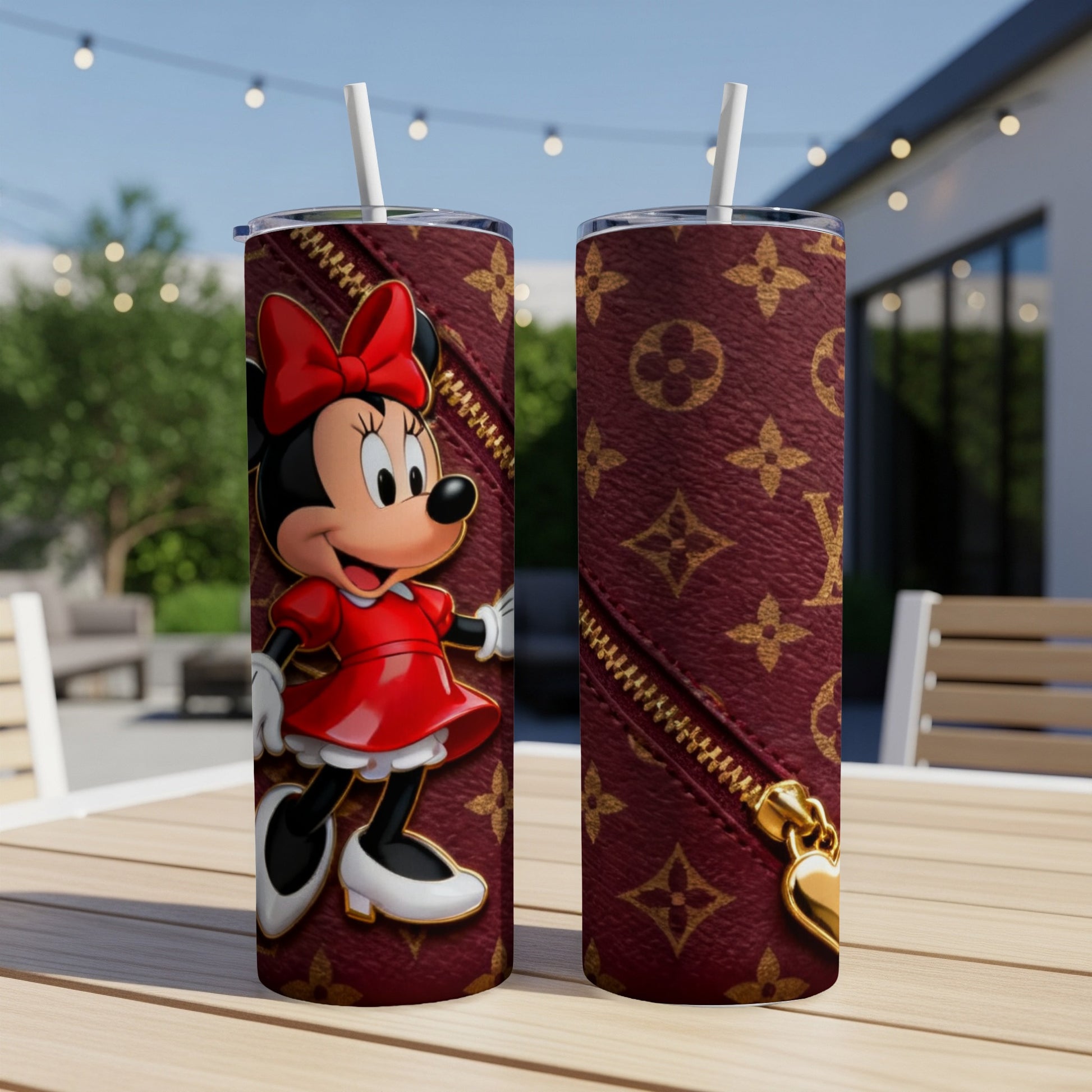 Minnie Mouse in red dress on LV patterned tumbler with gold zipper.