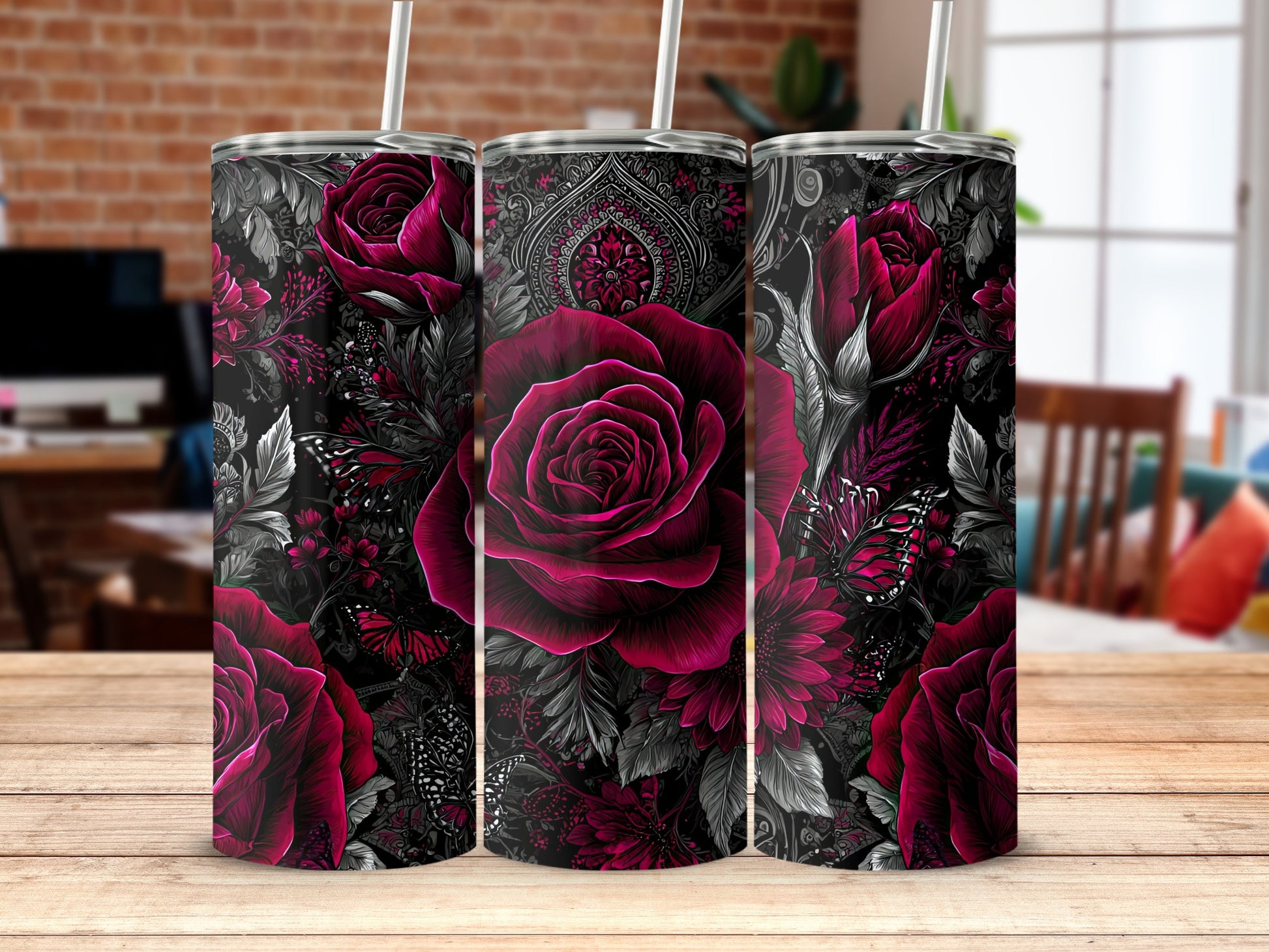 Elegant Black and Red Rose Tumbler for Hot and Cold