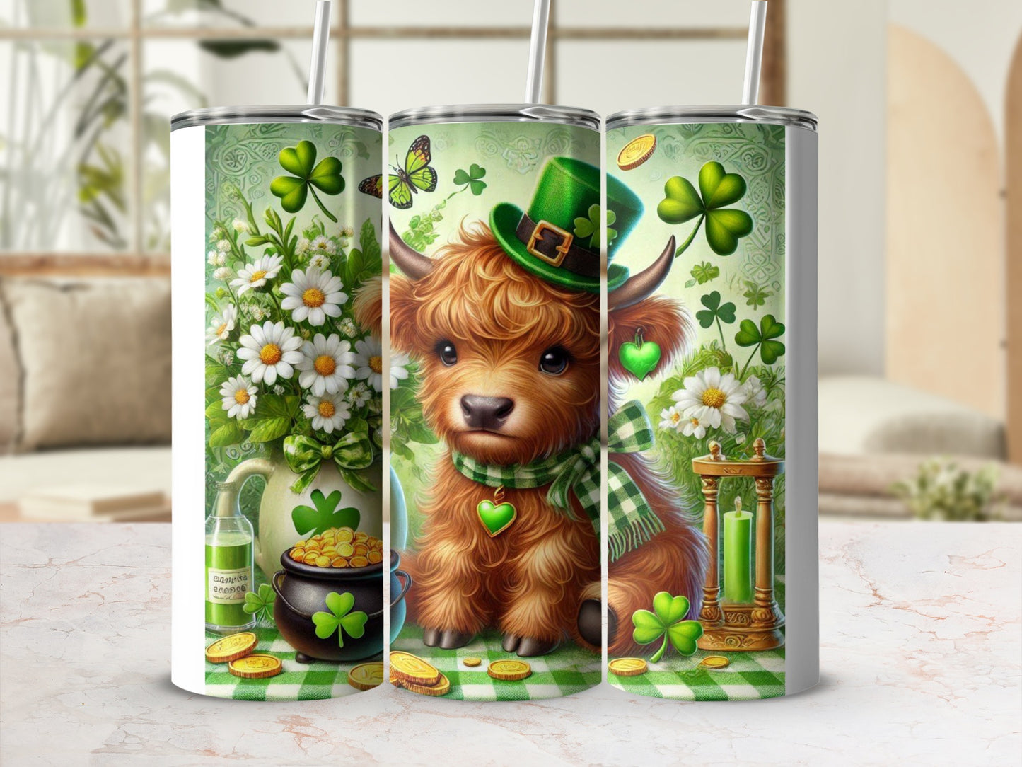 St. Patrick's Day Highland cow with shamrocks, gold coins, and green hat.