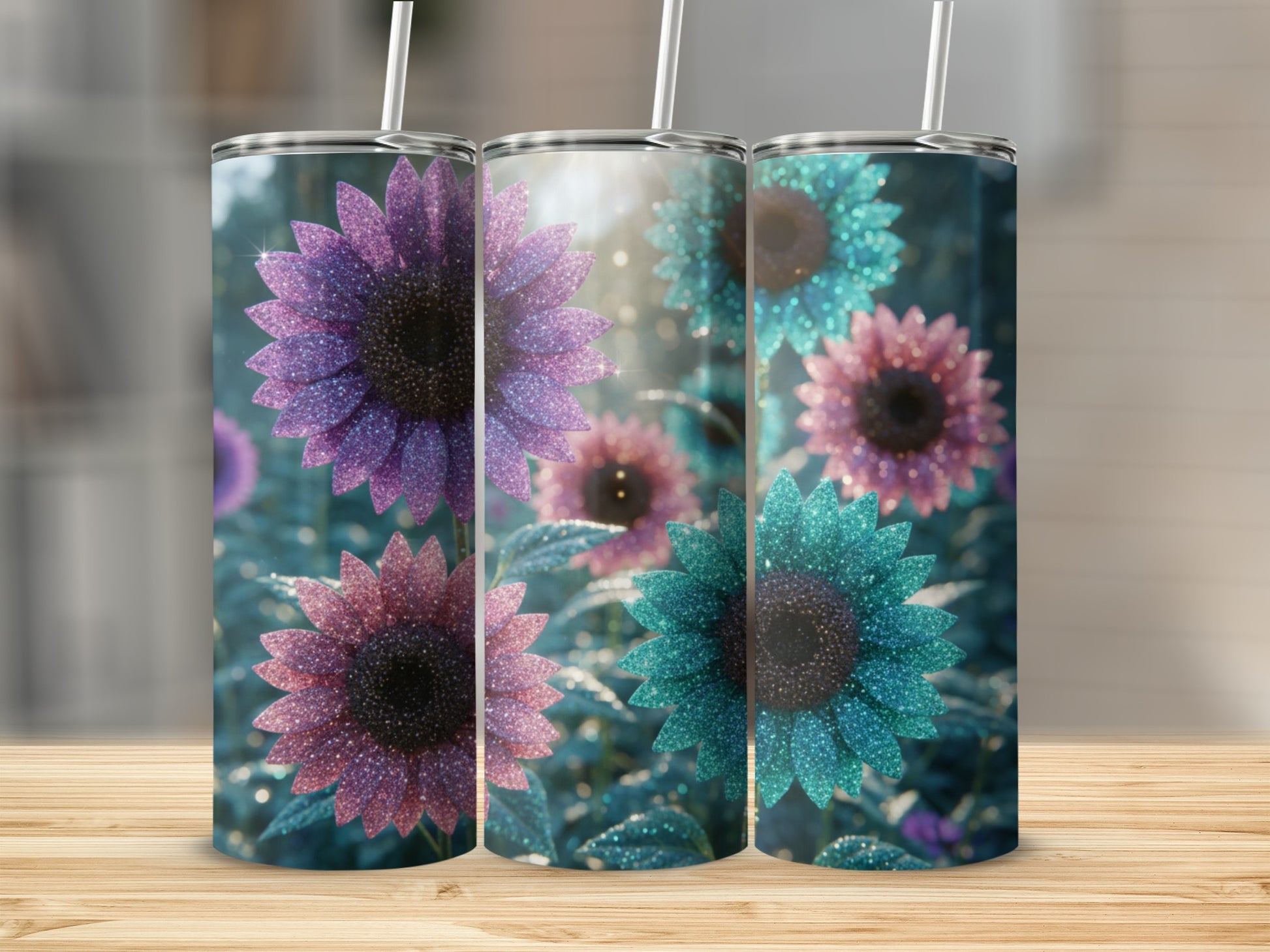 Glittery Floral Sunflower Tumbler With Straw Product