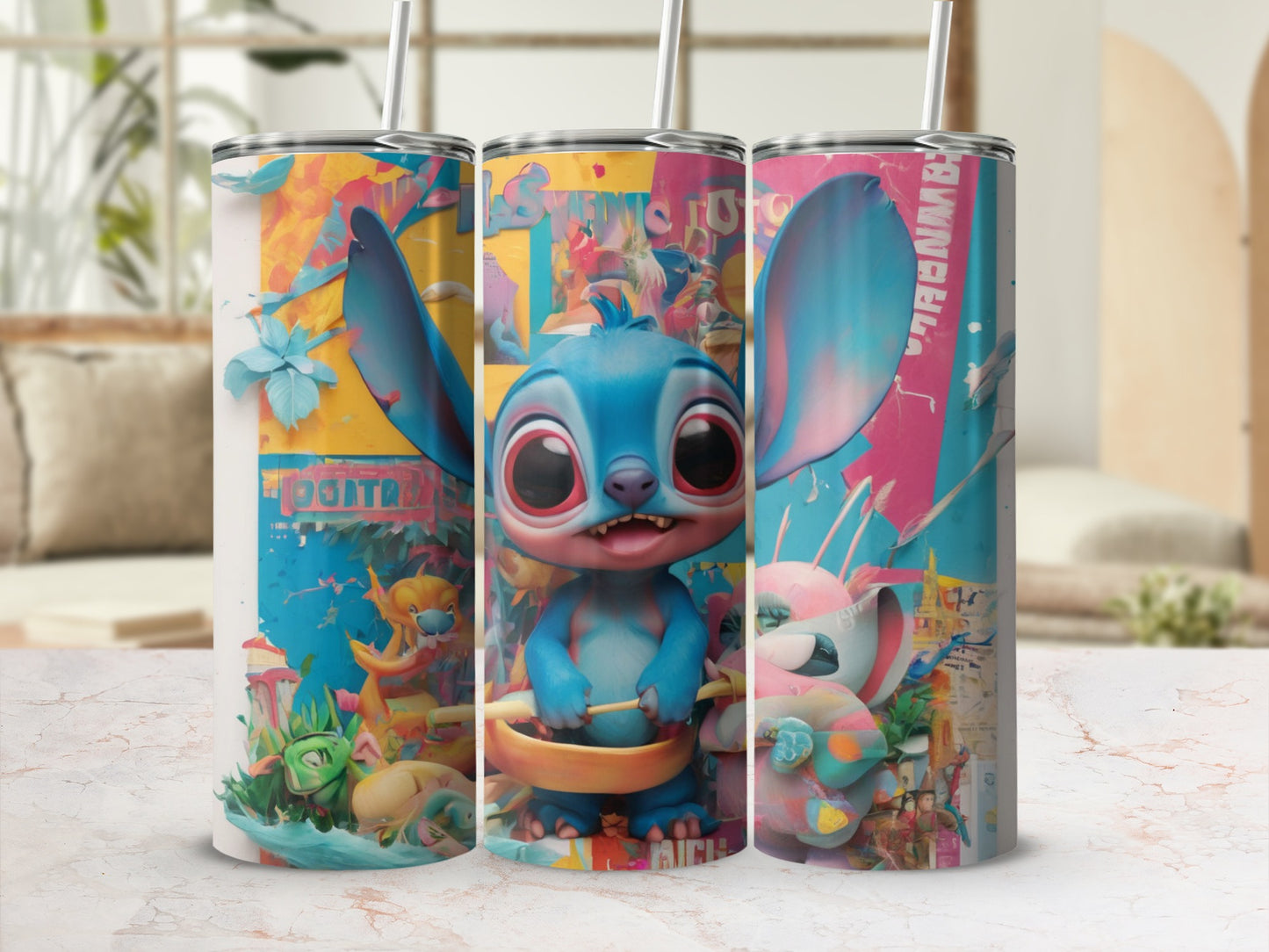 Stitch and Angel themed tumbler with bright, colorful cartoon characters.