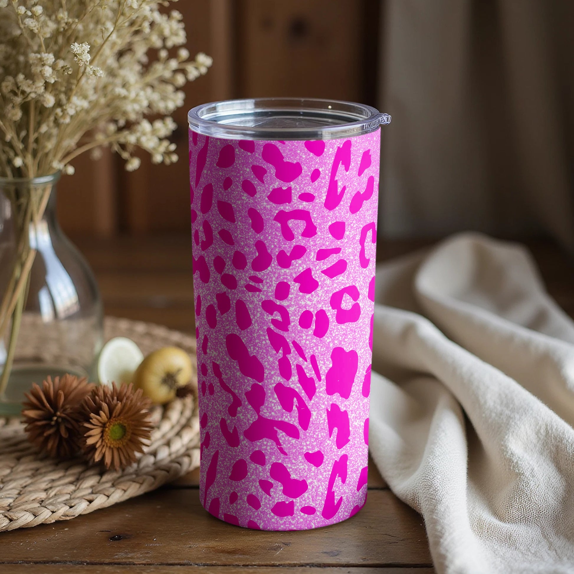 Pink and Glitter Leopard Print Tumbler Travel Mug