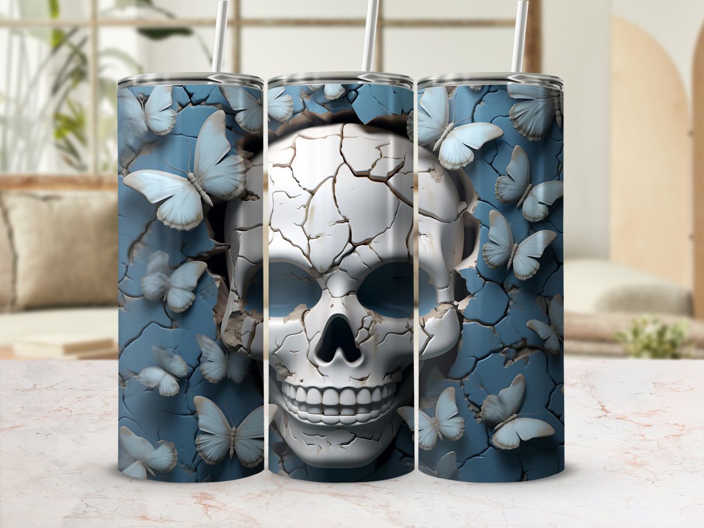 Cracked skull with butterflies on blue distressed texture tumbler.