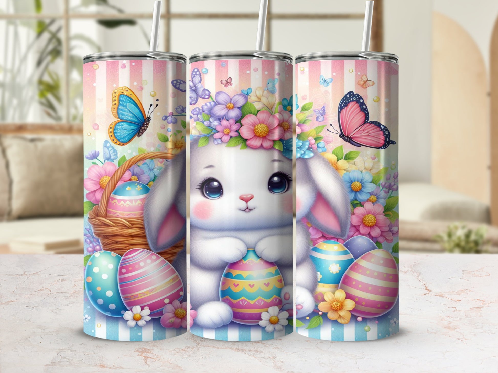 Cute Easter bunny with colorful eggs and flowers, digital art.