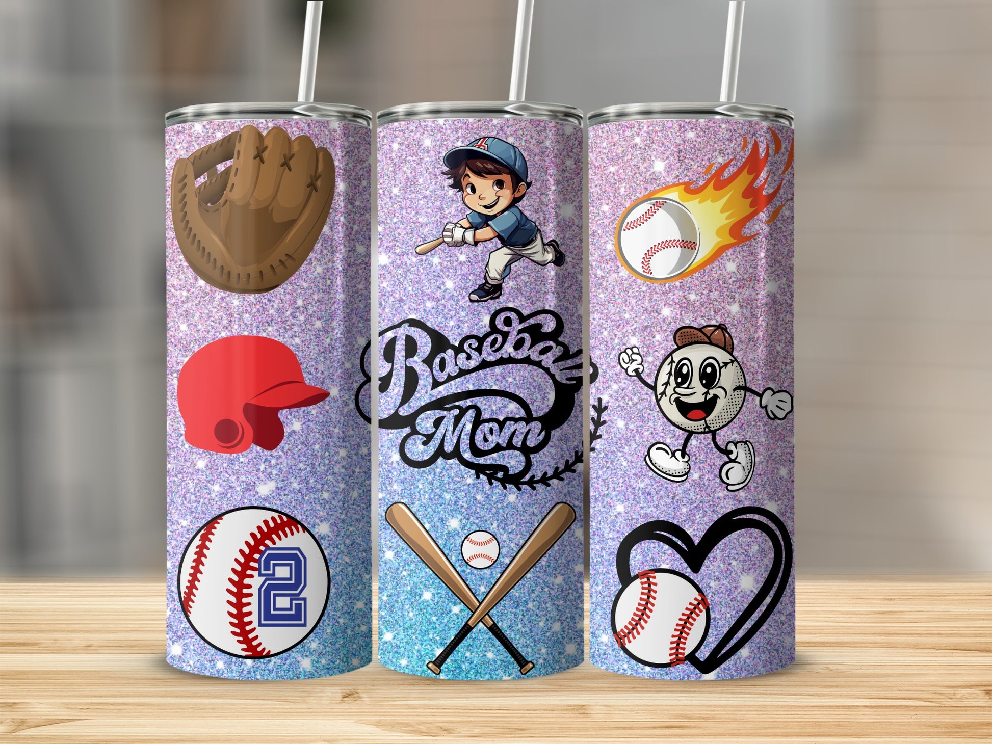 Baseball Mom Themed Glitter Tumbler Set