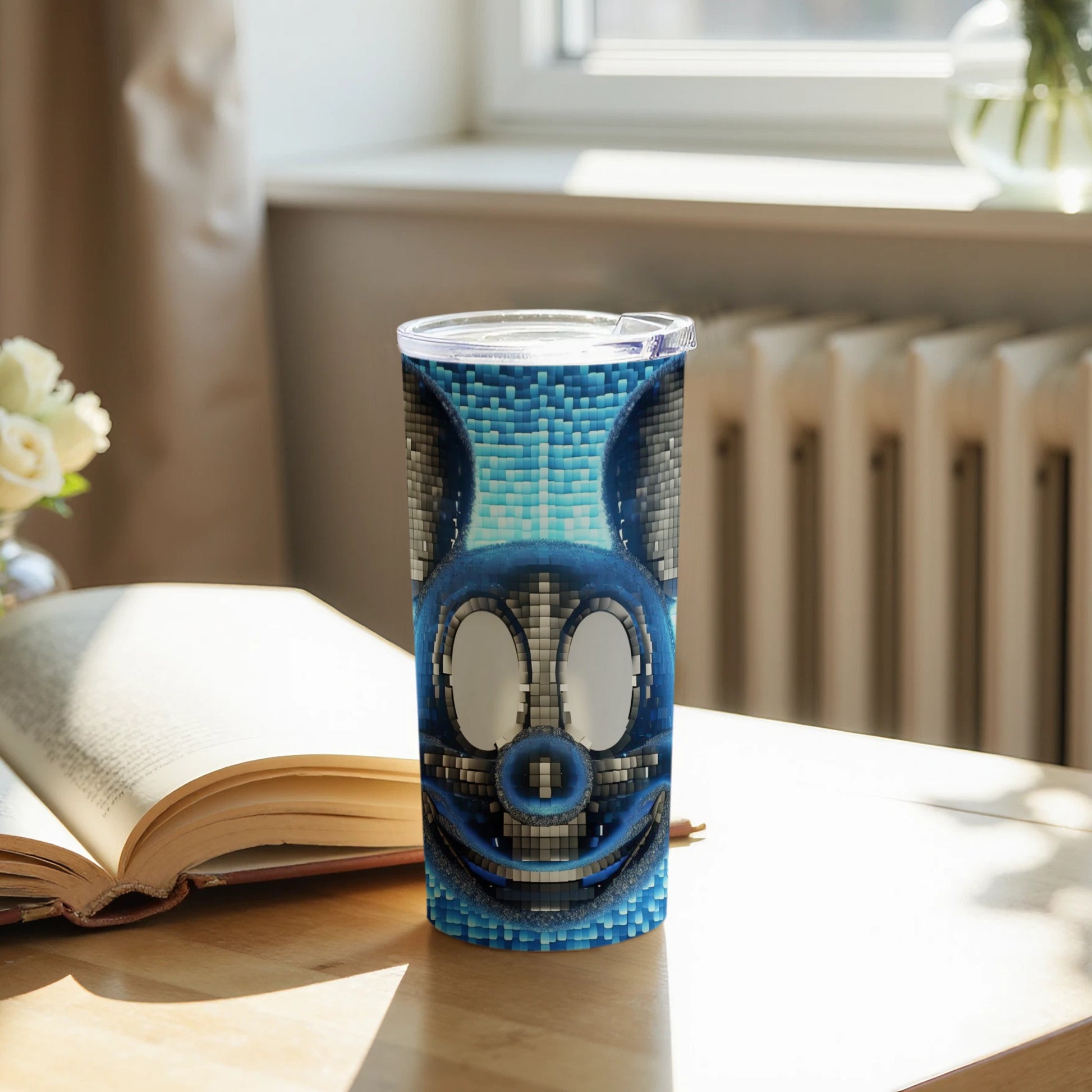 Smiling Cartoon Character Tumbler with Blue Pixels