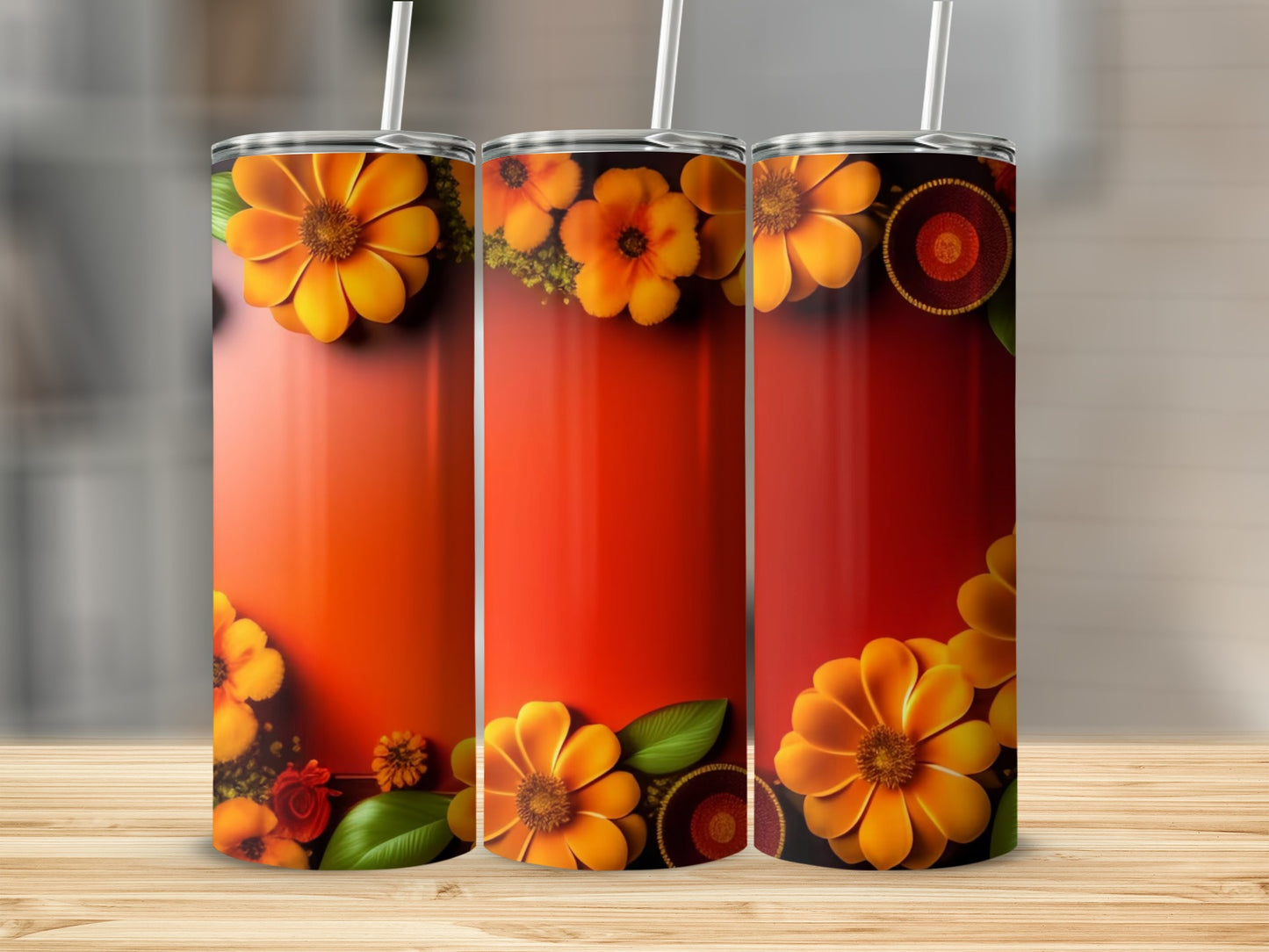 Floral Red and Orange Gradient Drinkware Tumblers
