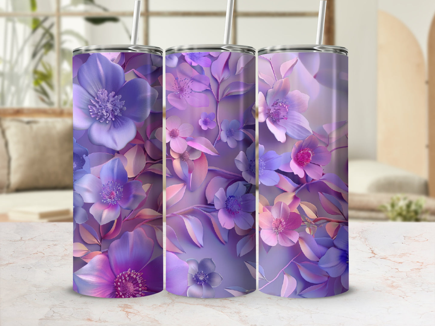 Purple floral tumbler with straw, featuring soft pink and blue accents.