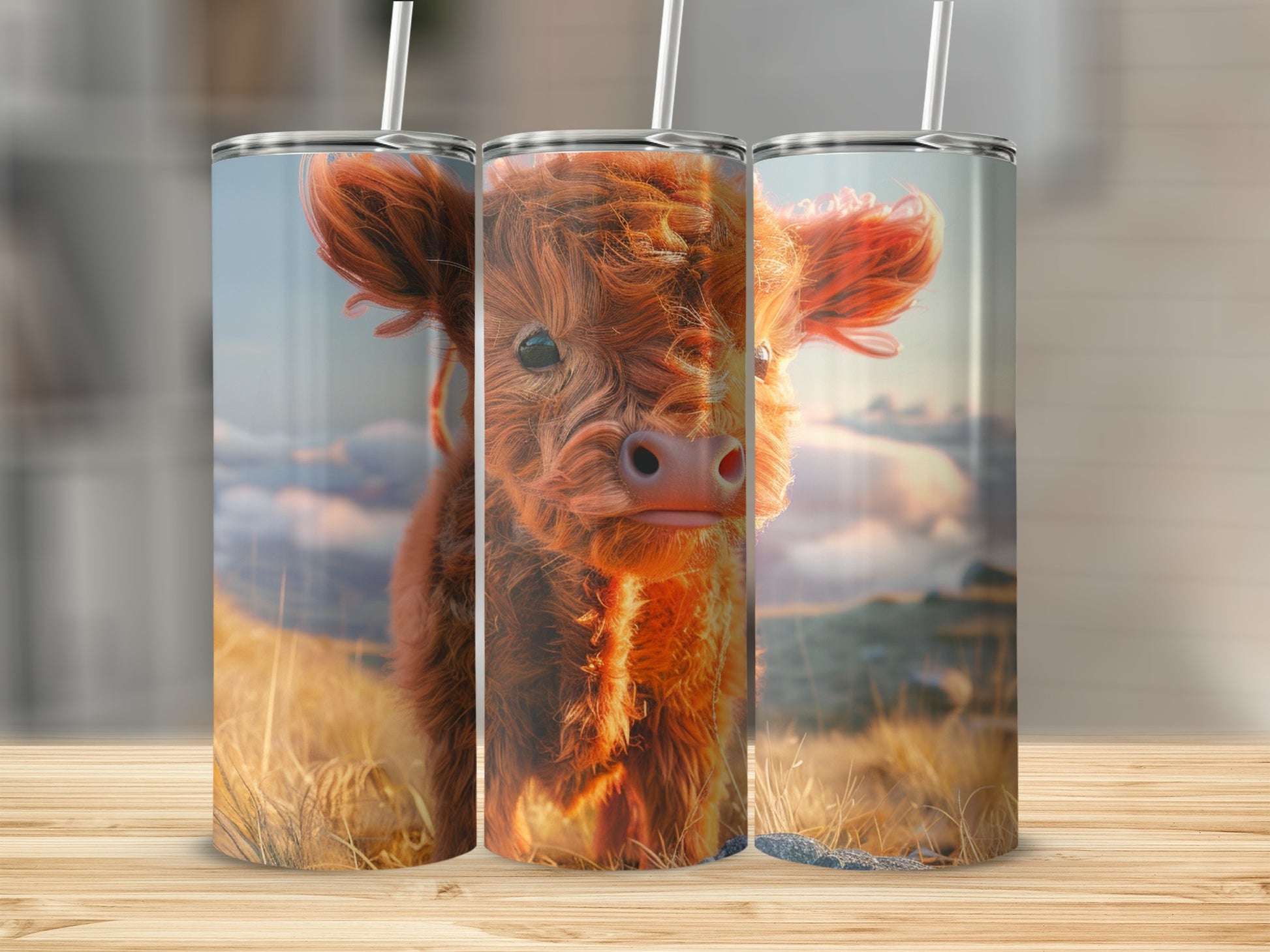 Three skinny tumblers featuring a close-up portrait of a fluffy Highland cow calf.
