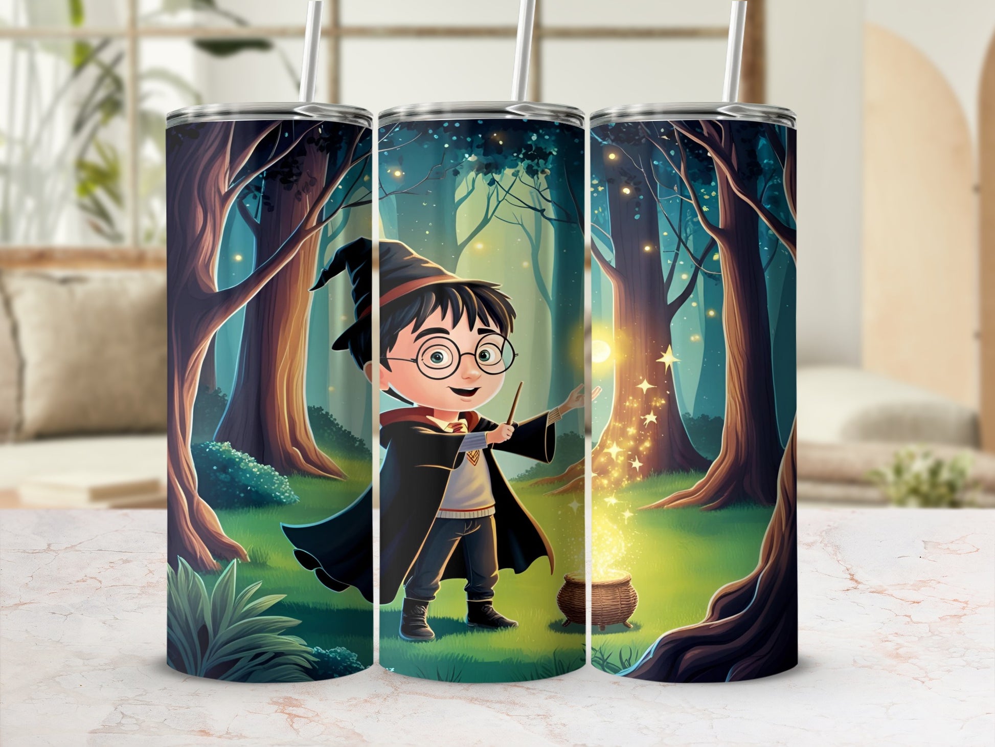 Harry Potter character in a forest with a wand and potion.