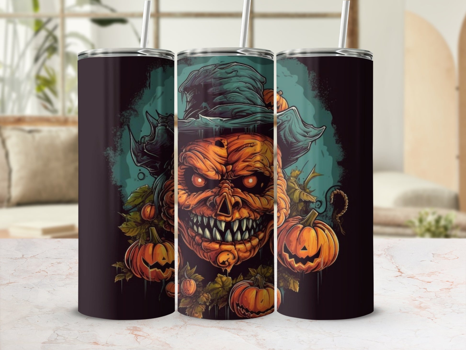 Halloween Pumpkin Face with Witch Hat Tumbler