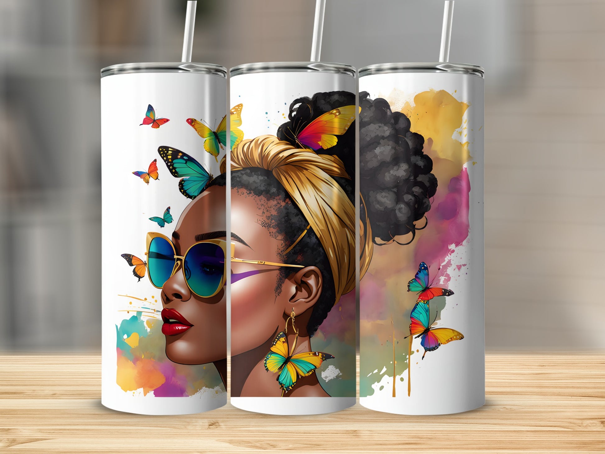 Tumbler with a woman's profile wearing sunglasses, surrounded by colorful butterflies.