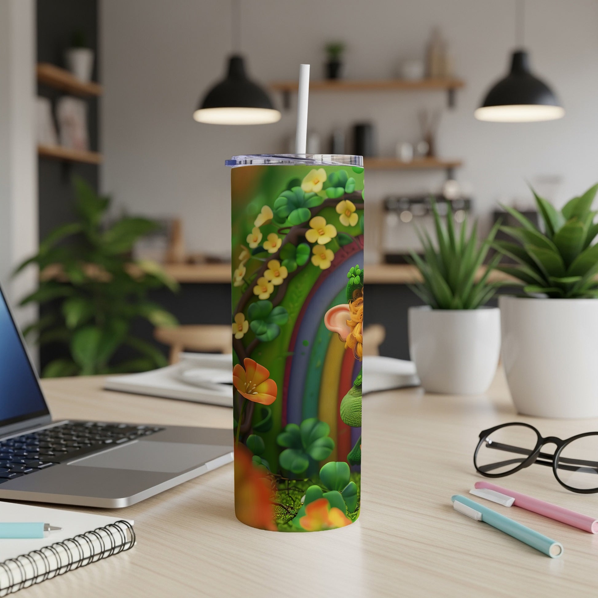 Leprechaun on rainbow with shamrocks and flowers on a green tumbler.