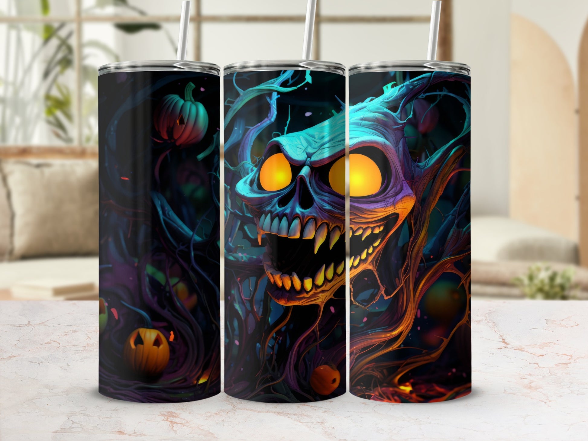 Tumblers with a spooky Halloween monster, jack-o'-lanterns, and pumpkins design.