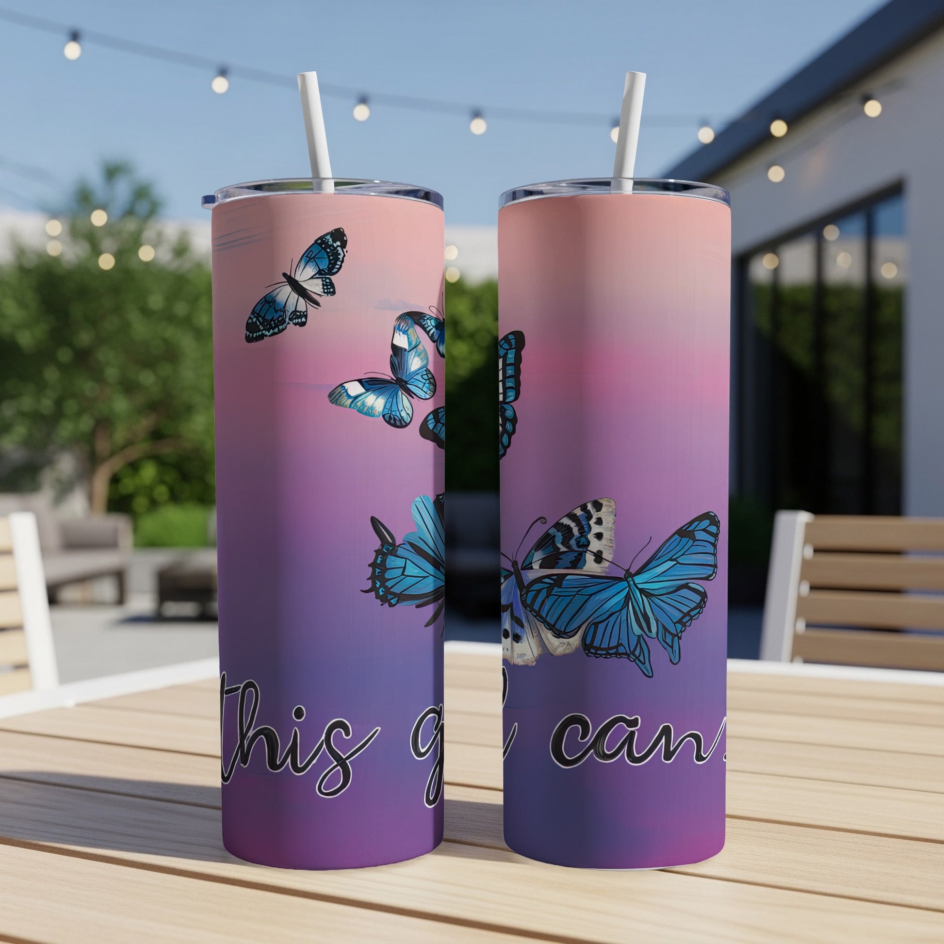 Two tumblers with butterflies and text "this girl can".