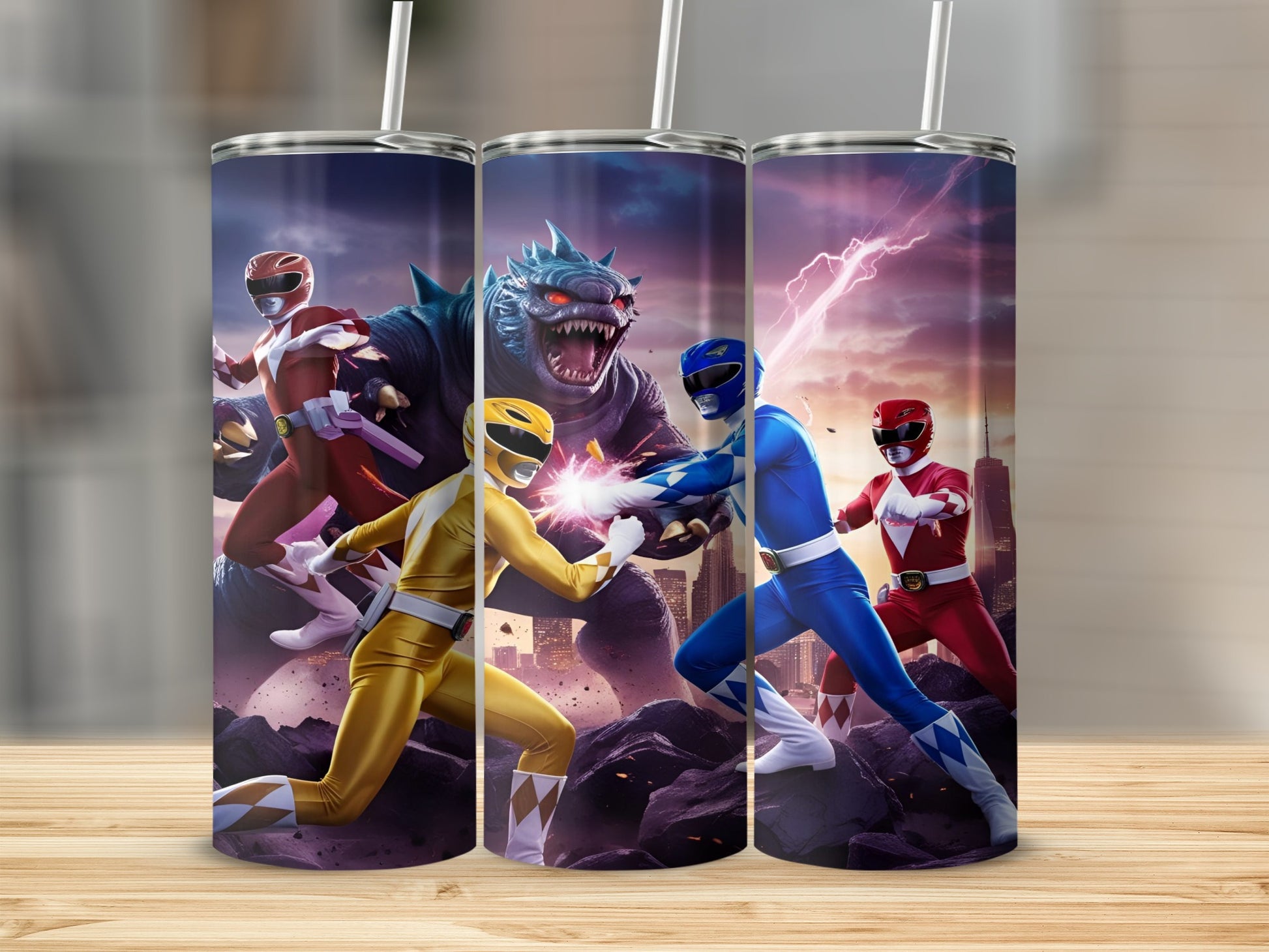 Power Rangers in action against a monster, with lightning in the background.